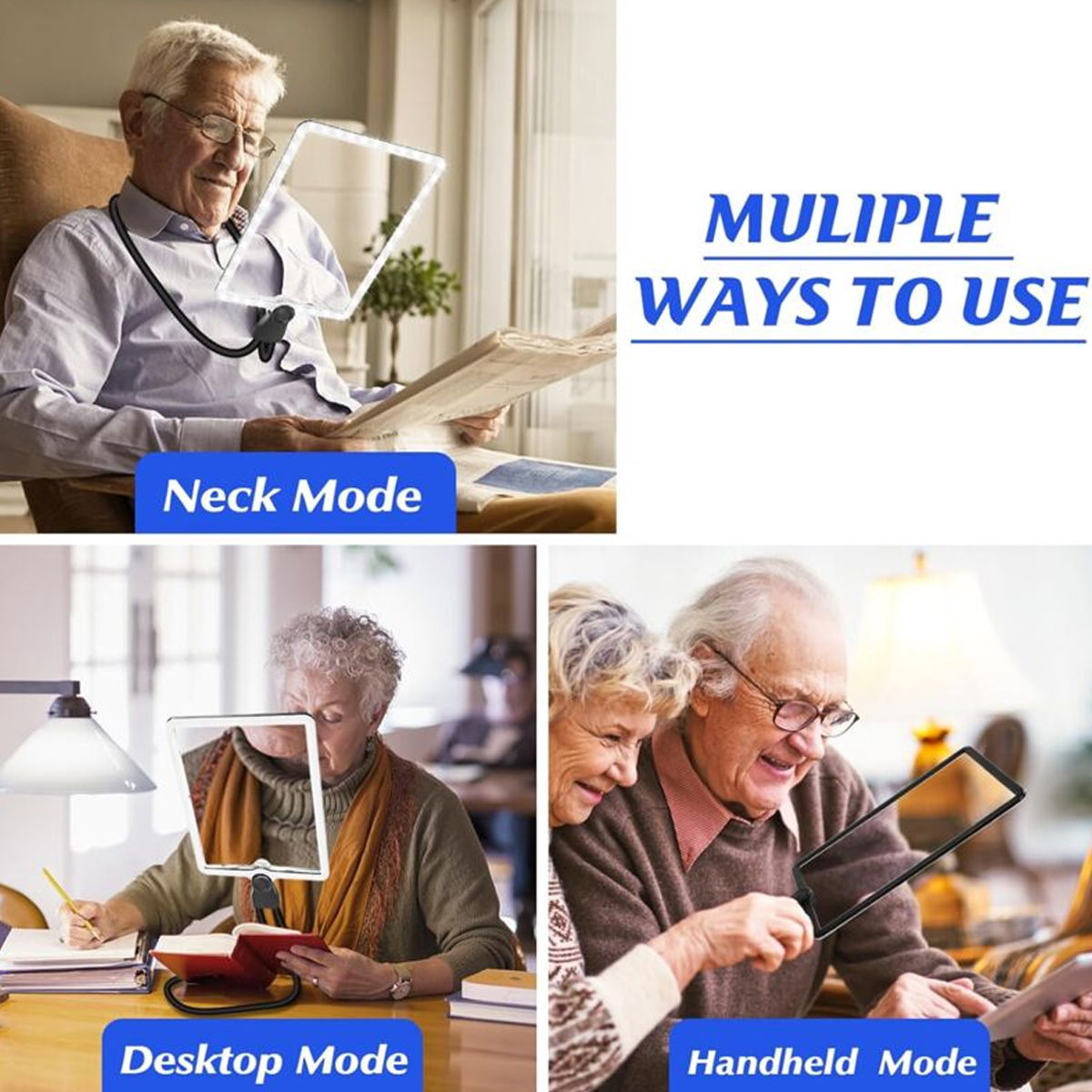 Das Bild zeigt eine Lupe, die auf drei Arten verwendet wird: Hals-, Desktop- und Handmodus. Ältere Menschen benutzen sie zum Lesen und für andere Aufgaben.