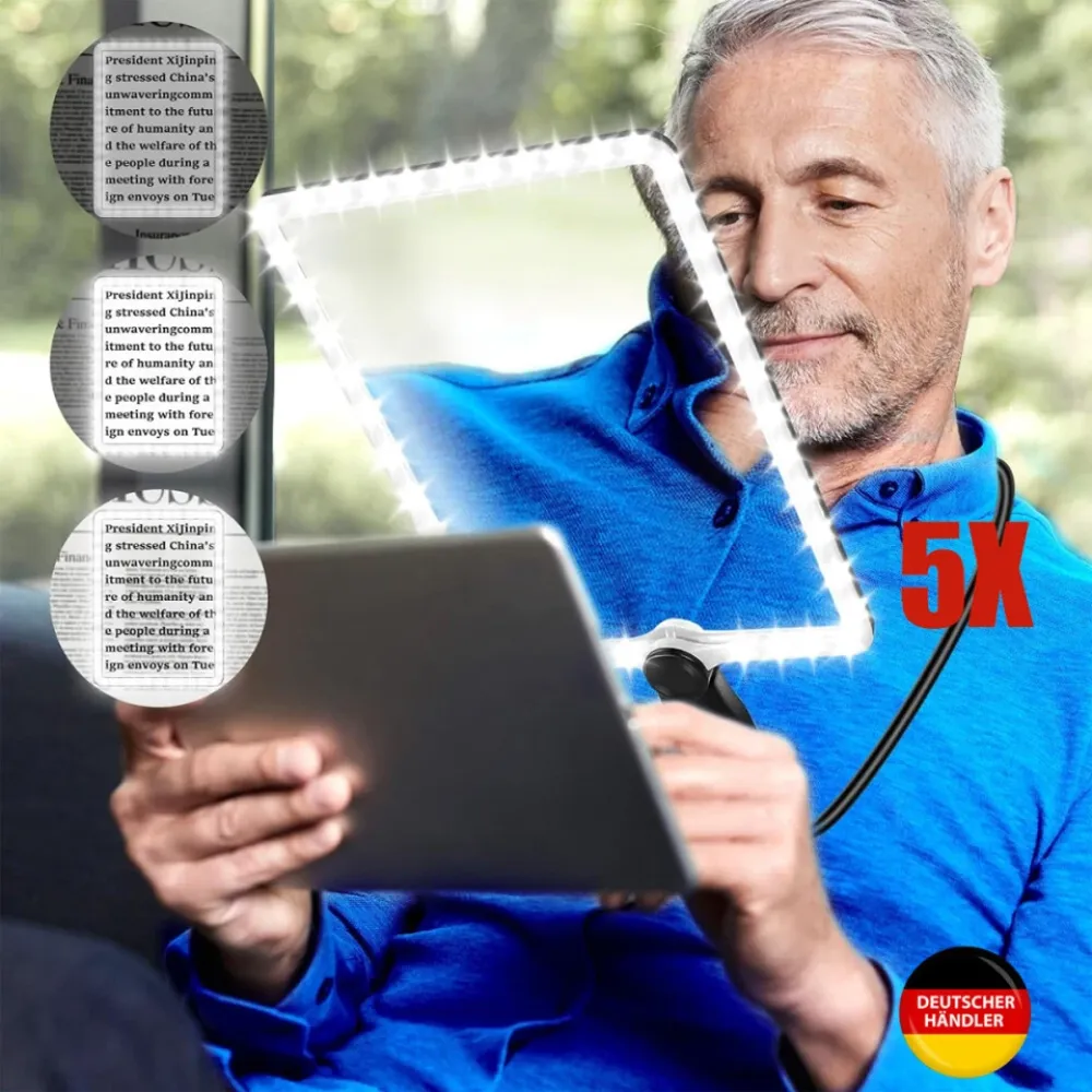 Ein Mann mit grauem Haar benutzt ein Tablet. Eine Lupe mit Lichtern umgibt das Tablet. Der Text auf dem Tablet ist unscharf.