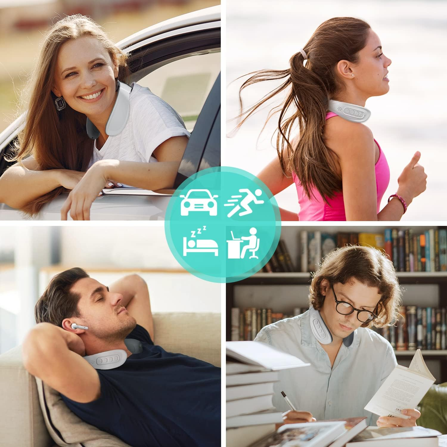 Eine Collage zeigt vier Personen, die ein Nackenmassagegerät verwenden: im Auto, beim Laufen, auf einer Couch und beim Lesen.