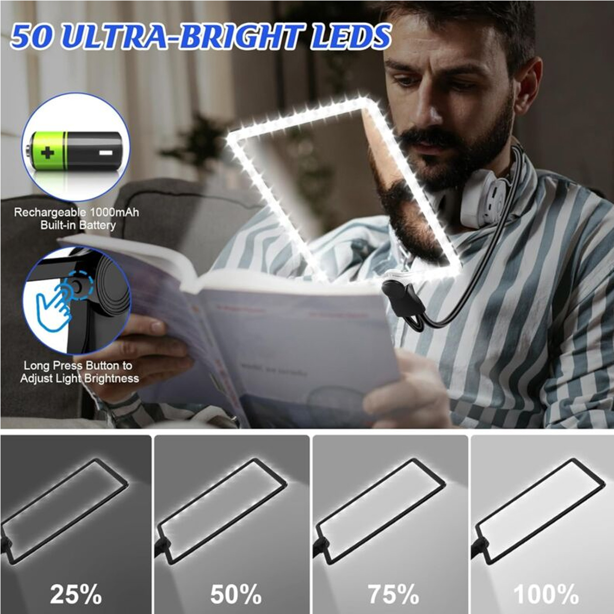 Mann liest Buch mit Nackenlicht. Das Licht hat einstellbare Helligkeitsstufen von 25% bis 100%.