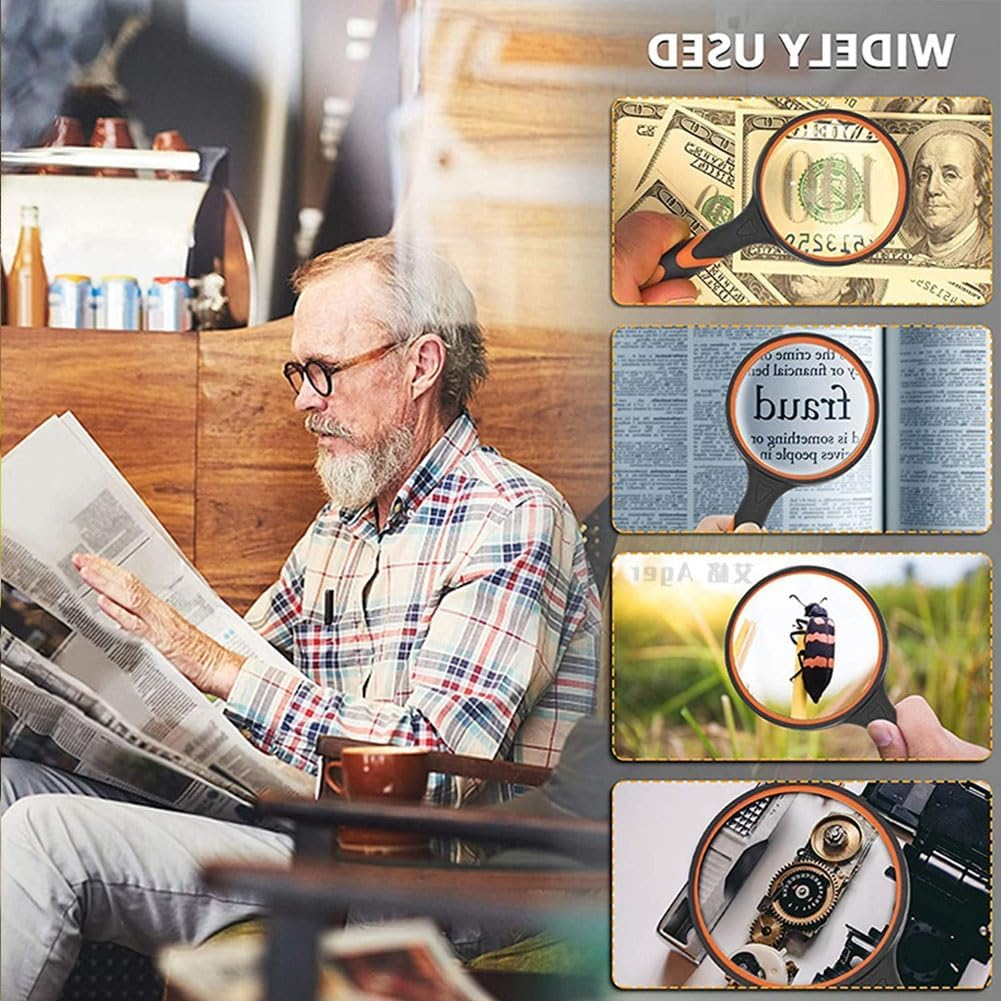 Ein älterer Mann mit Brille liest Zeitung. Lupe zeigt Details von Geldschein, Text, Insekt und Zahnrädern.