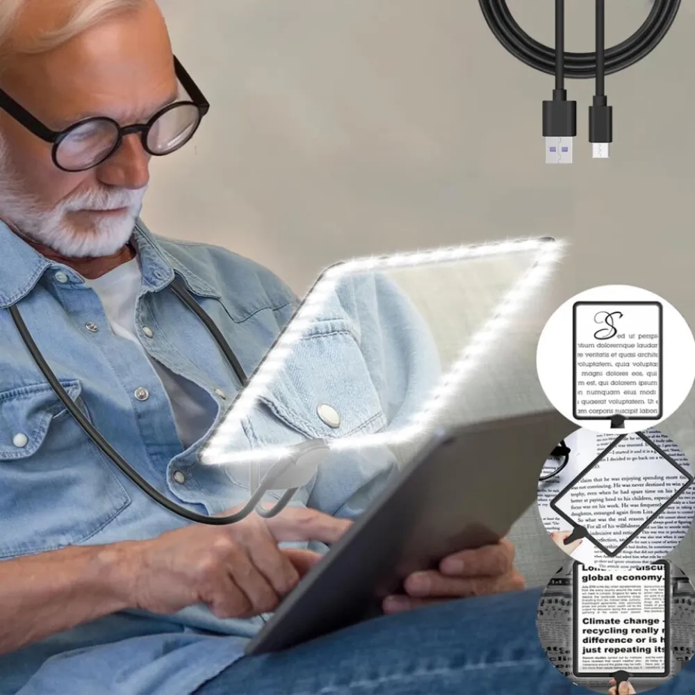 Ein älterer Mann mit Brille benutzt ein Tablet mit Licht. Zusätzliche Bildschirme zeigen Text und eine Zeitung.