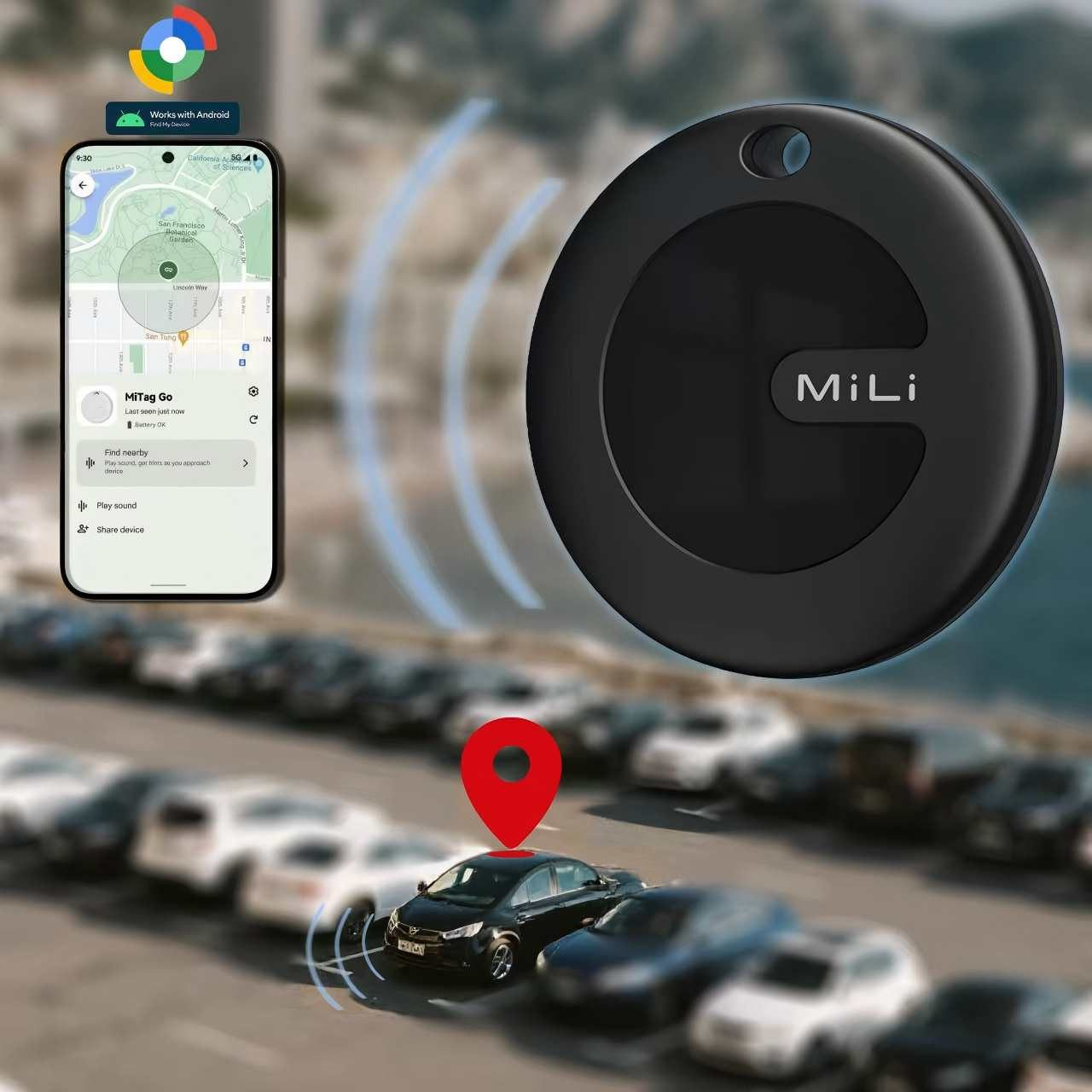 Schwarzer MiLi-Tracker mit Telefon, das Karte und Standort anzeigt. Auto mit roter Nadel auf Parkplatz hervorgehoben.