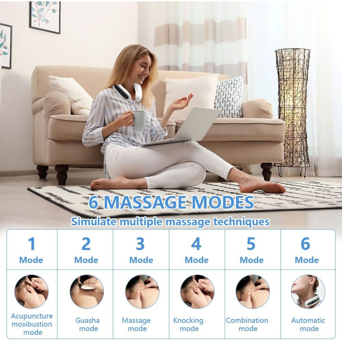 Frau benutzt Laptop, trägt Nackenmassagegerät, sitzt in der Nähe einer Couch. Unten zeigt eine Tabelle 6 Massagemodi mit Illustrationen.