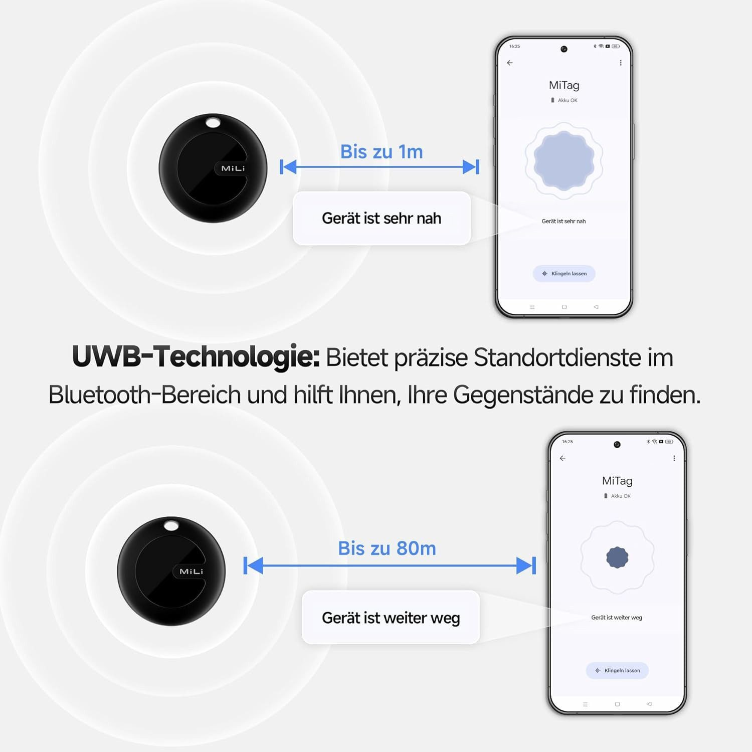 Das Bild zeigt einen schwarzen MiLi-Tracker und ein Telefon. Das Telefon zeigt die Nähe des Trackers an. Text zeigt Distanz und Status.
