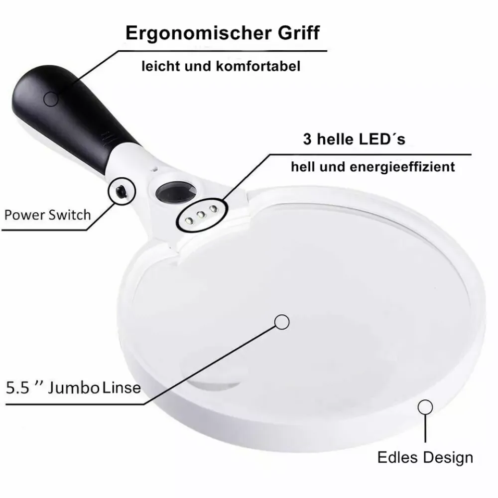 Eine weiß-schwarze Lupe mit LED-Leuchten. Sie hat einen ergonomischen Griff und eine 5,5" Jumbo-Linse.
