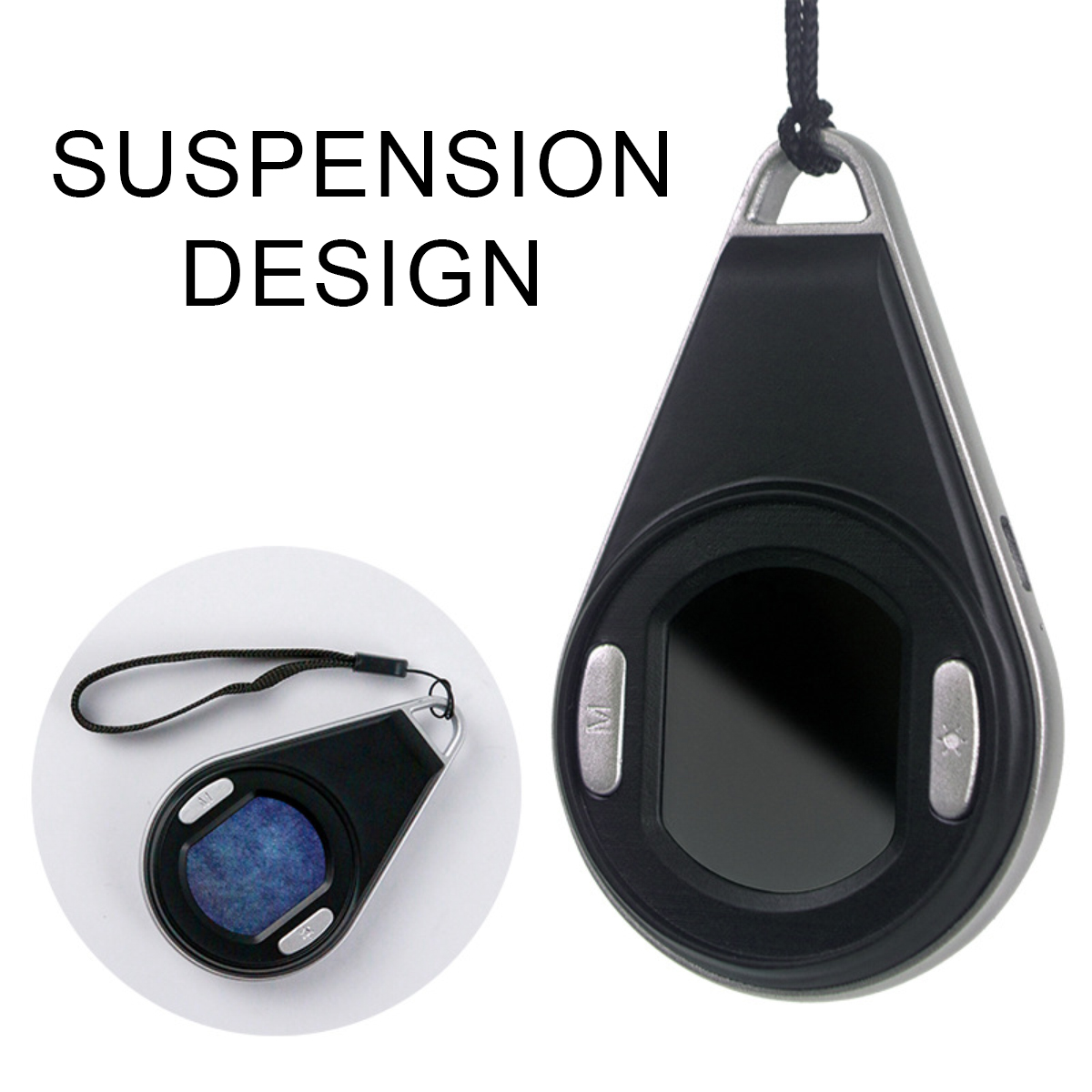 Zwei schwarz-silberne Anhänger. Einer ist an einer schwarzen Schnur aufgehängt, der andere an einer Handschlaufe. Text: 'SUSPENSION DESIGN'.