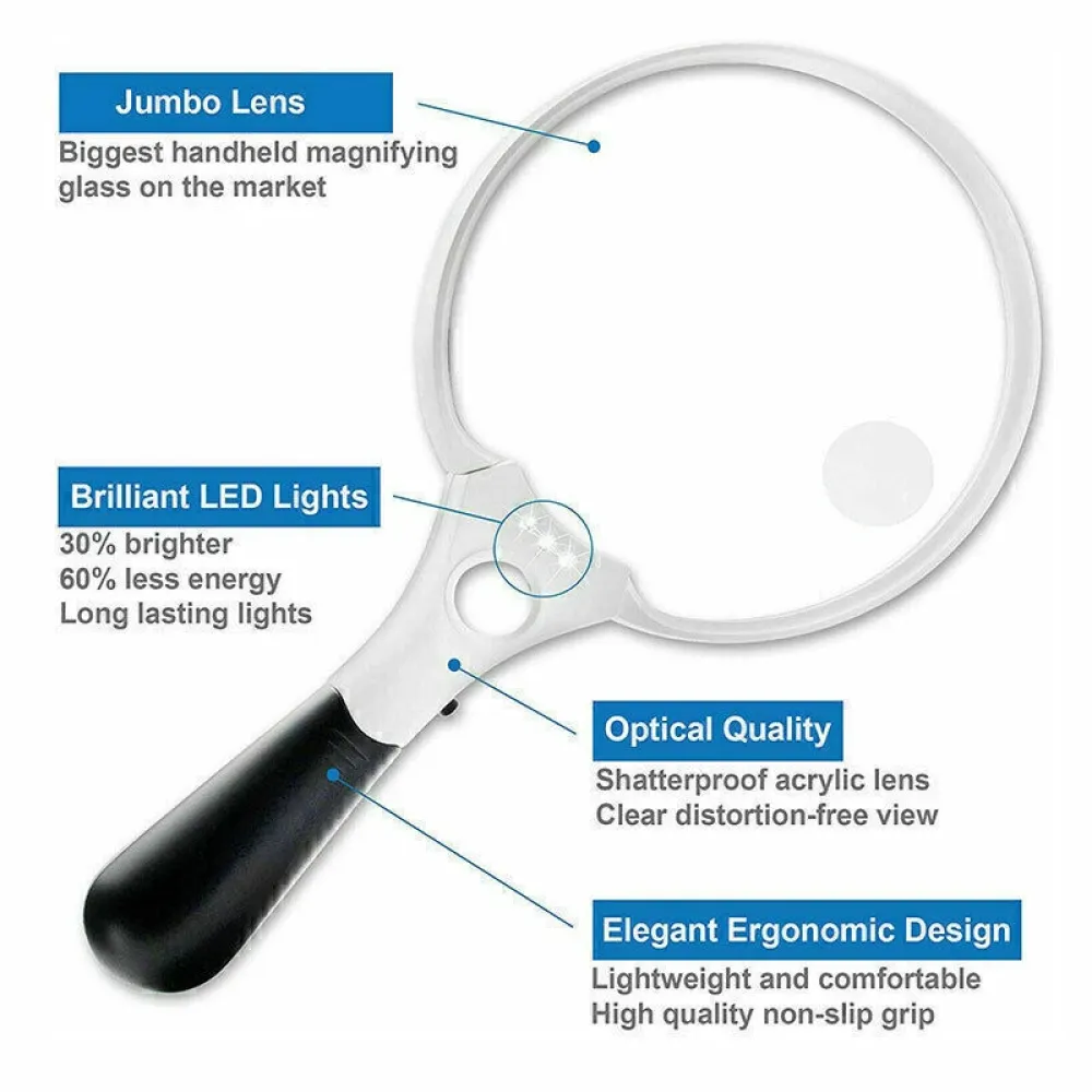 Lupe mit LED-Leuchten. Merkmale sind eine Jumbo-Linse, bruchsichere Linse und ergonomisches Design mit rutschfestem Griff.