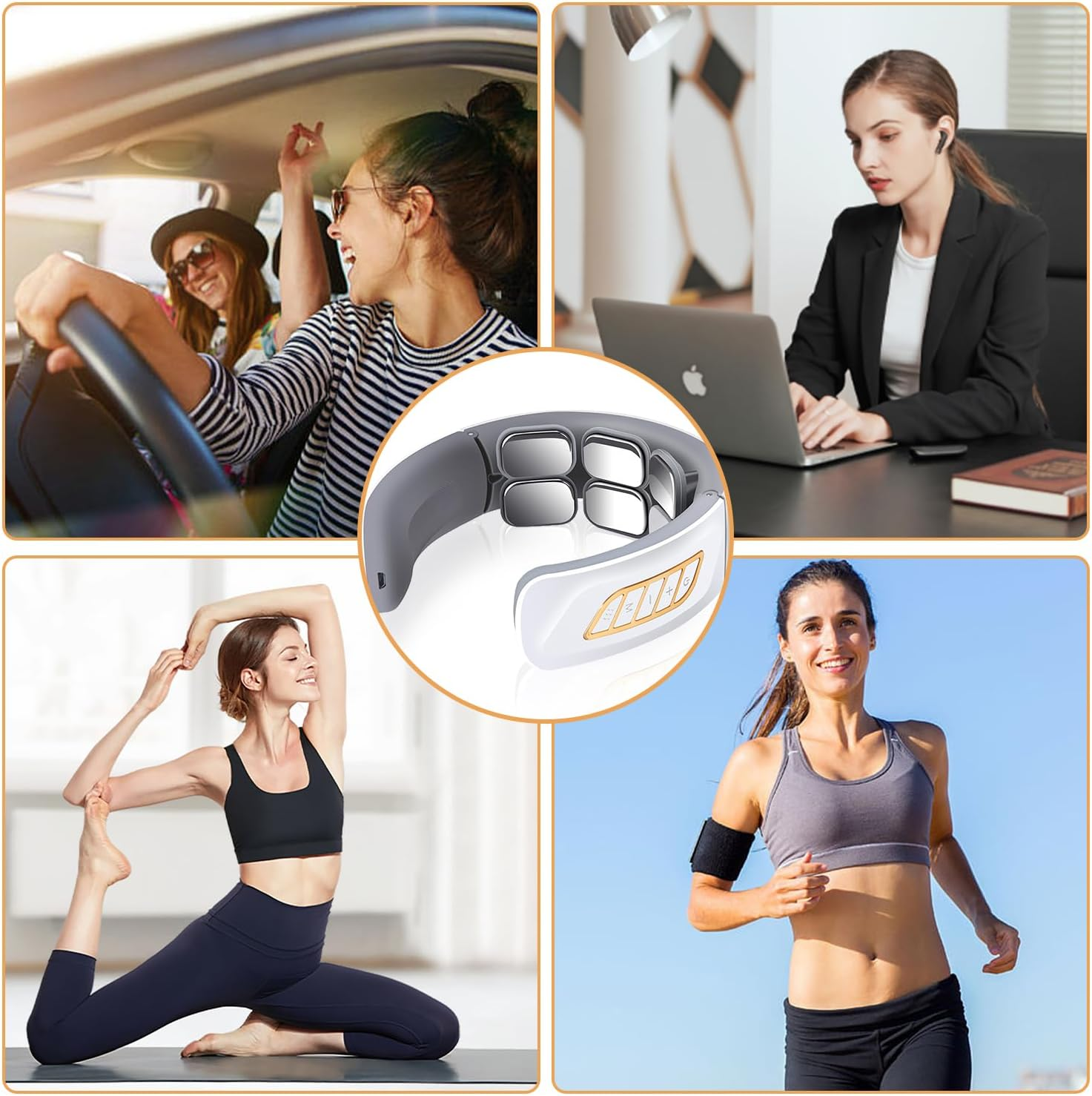 Vier Lifestyle-Bilder: Frauen fahren Auto, arbeiten am Laptop, machen Yoga und laufen. Ein Nackenmassagegerät befindet sich in der Mitte.