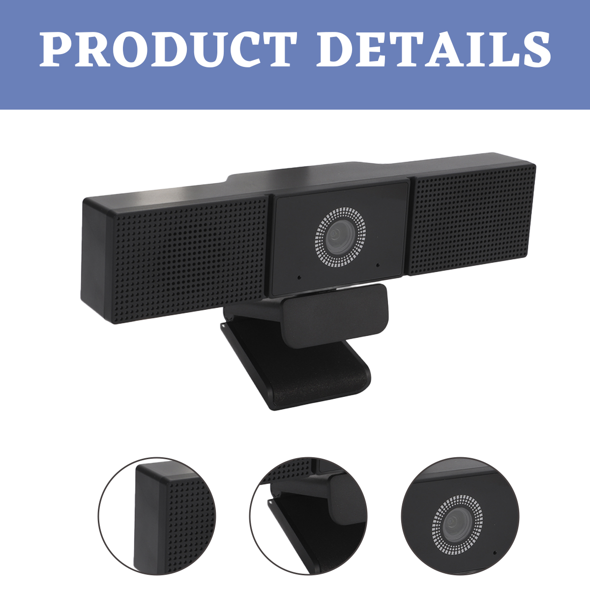 Eine schwarze Webcam mit Lautsprecherlöchern an den Seiten, einer mittigen Linse und einem Clip zur Befestigung. Produktdetails.