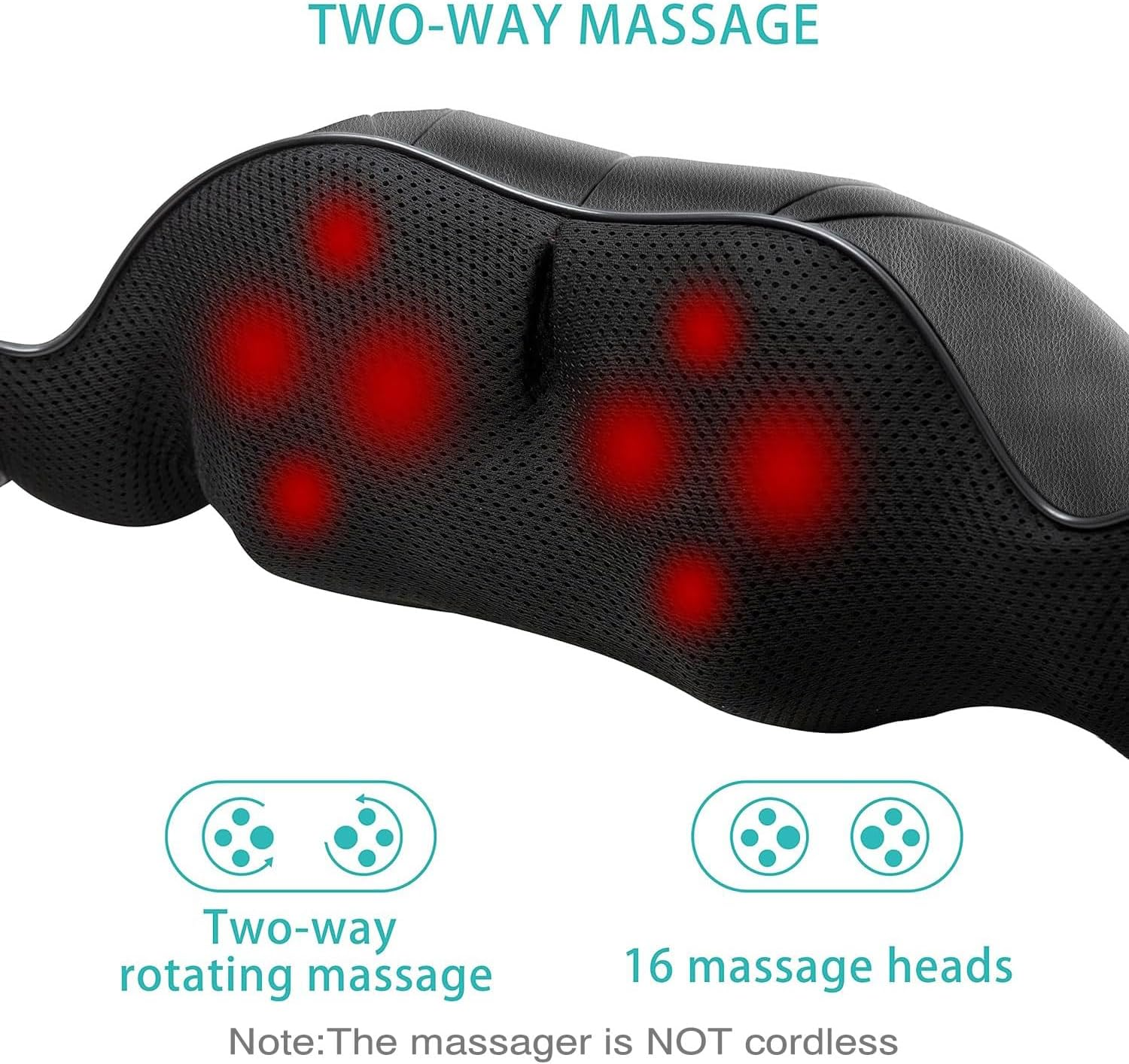 Schwarzes Massagegerät mit rot leuchtenden Massageköpfen. Text: 'Two-way massage', 'Two-way rotating massage' und '16 Massageköpfe'.