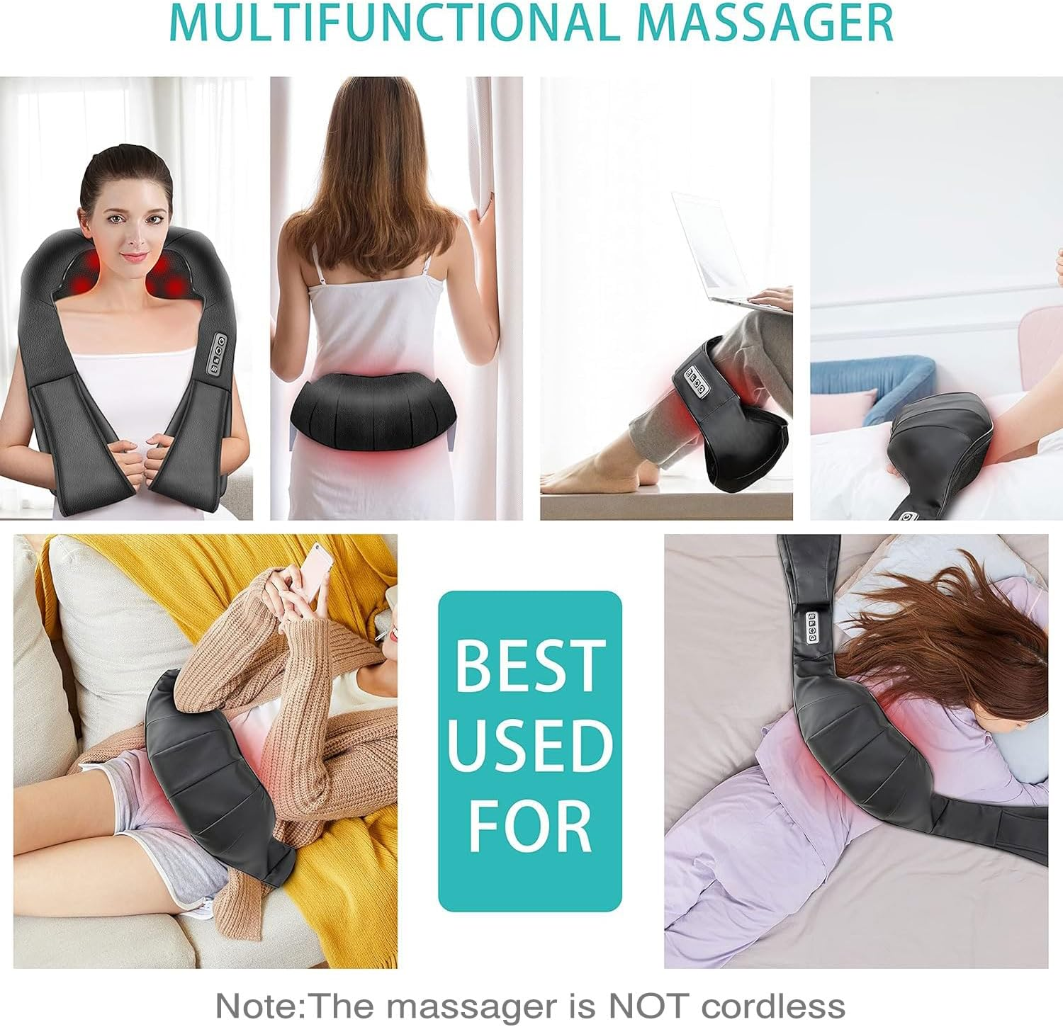 Ein multifunktionales Massagegerät wird an verschiedenen Körperteilen verwendet. Das Bild enthält Text, dass das Gerät nicht kabellos ist.