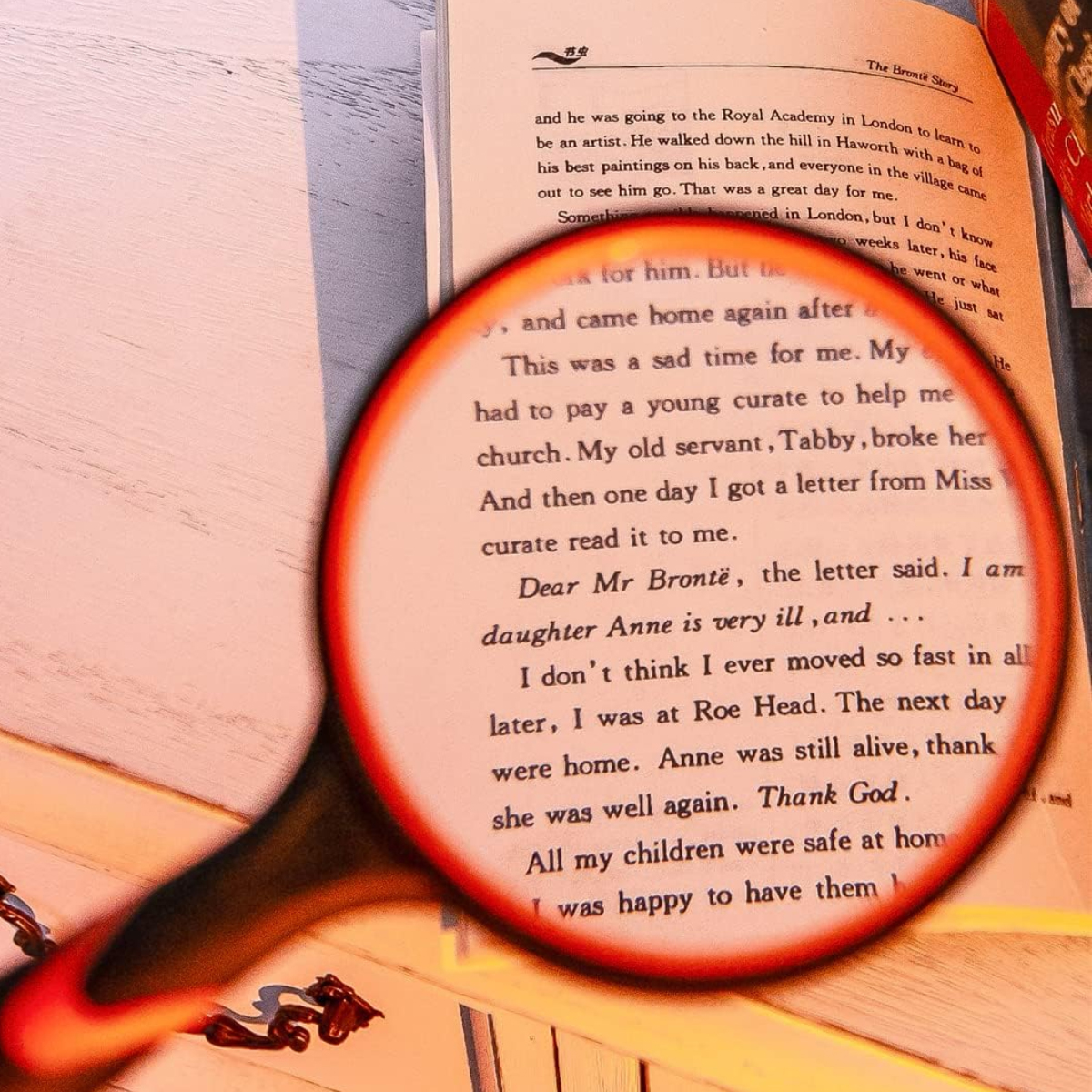 Eine Lupe über einer Buchseite. Der Text wird durch das Glas fokussiert. Der Hintergrund ist eine Holzoberfläche.