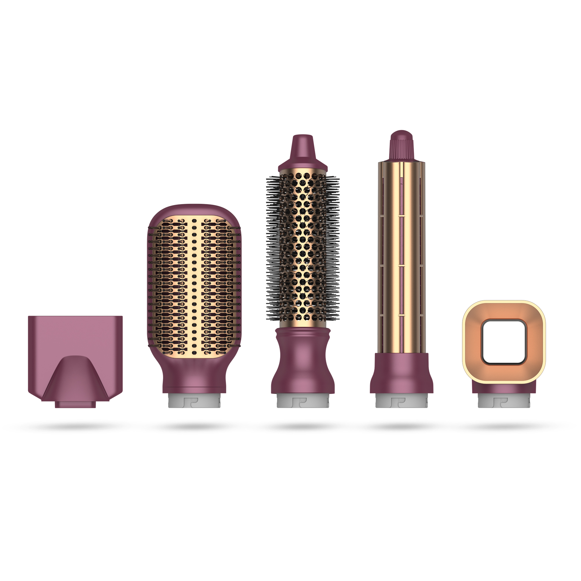 Zestaw narzędzi do stylizacji włosów, w tym dysza, dwie szczotki i dwa elementy mocujące, w kolorach różowym i złotym, na białym tle.