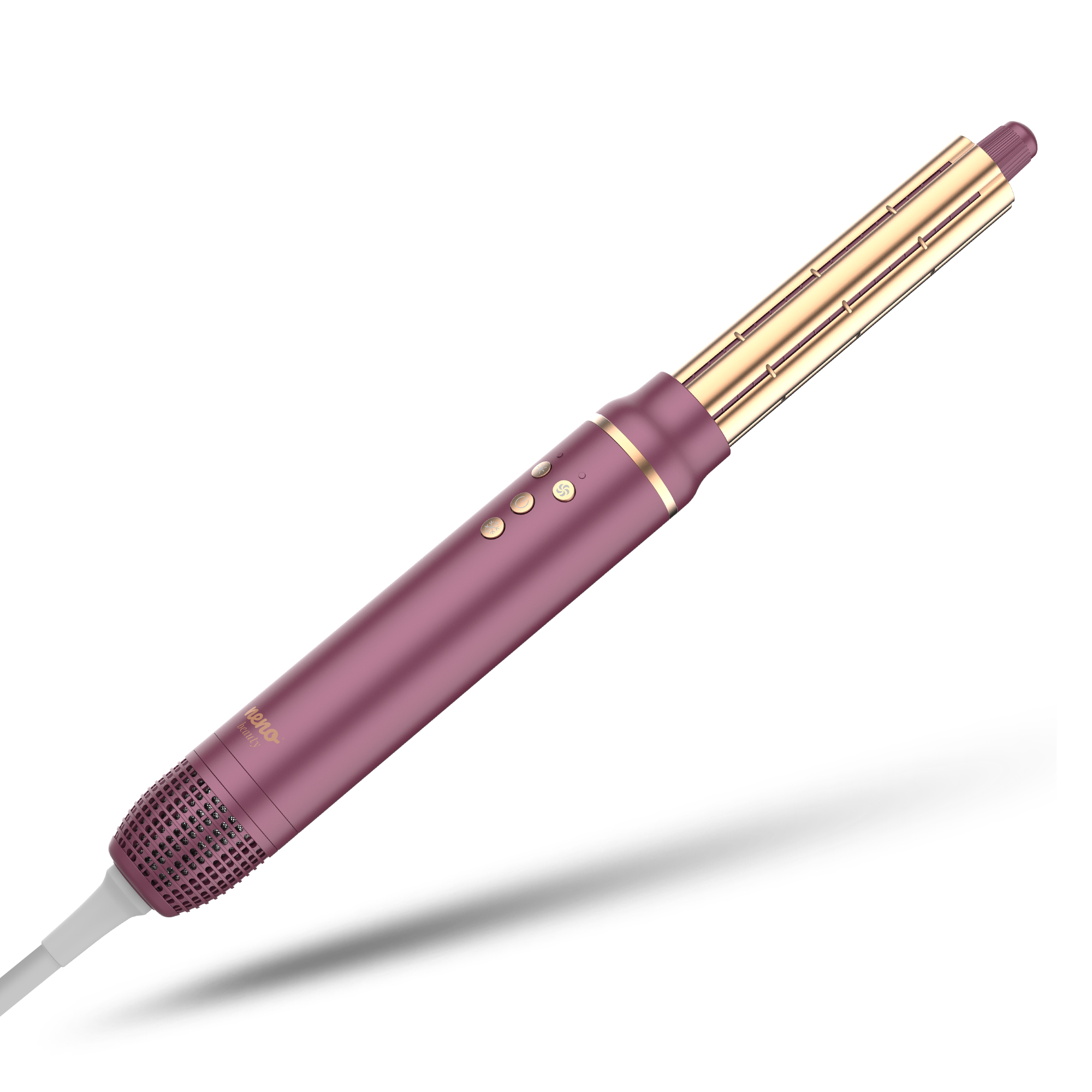 Fioletowo-złote narzędzie do stylizacji włosów na białym tle. Ma przyciski i przewód zasilający.