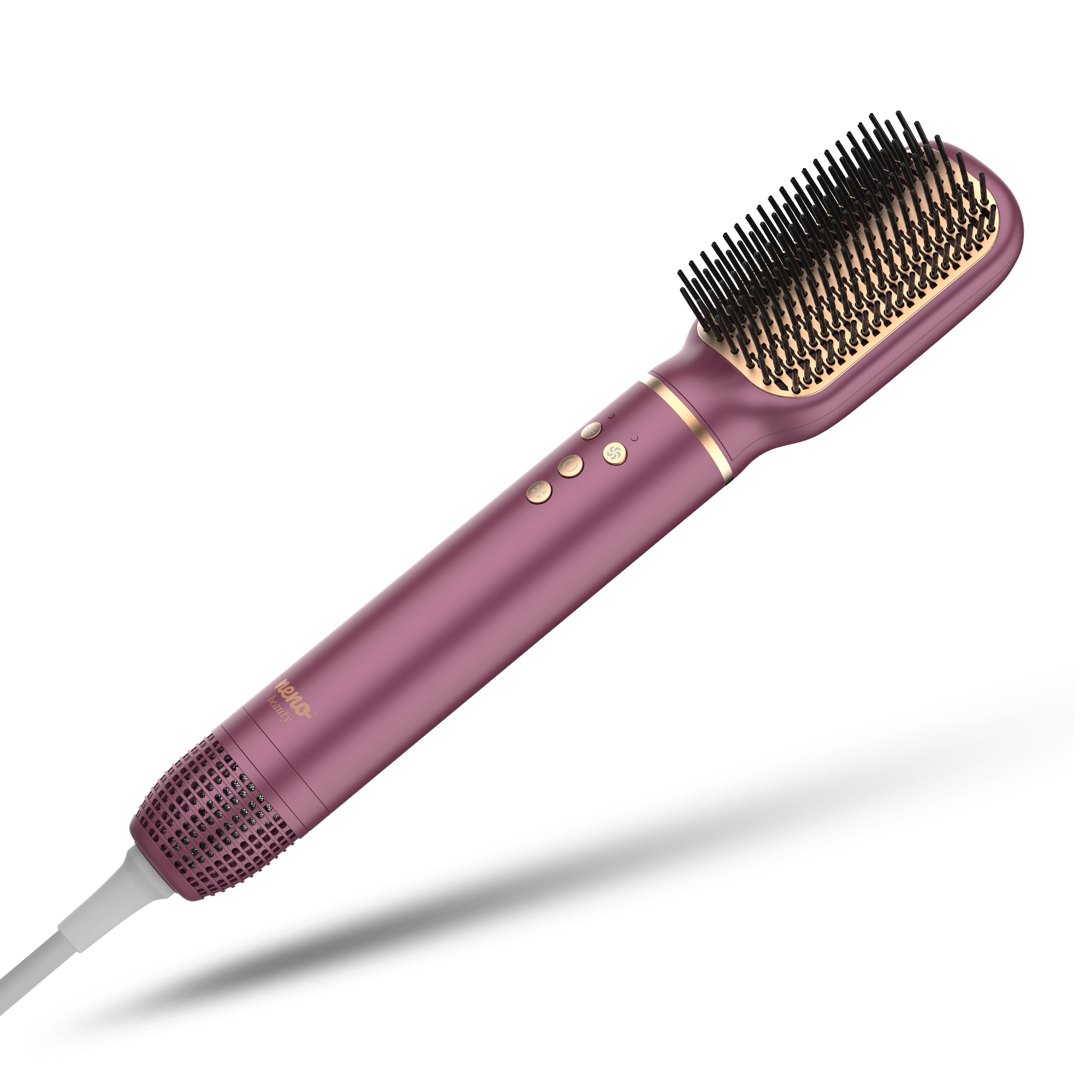 Fioletowa szczotka do stylizacji włosów z czarnym włosiem. Ma długi uchwyt z przyciskami i przewód zasilający.