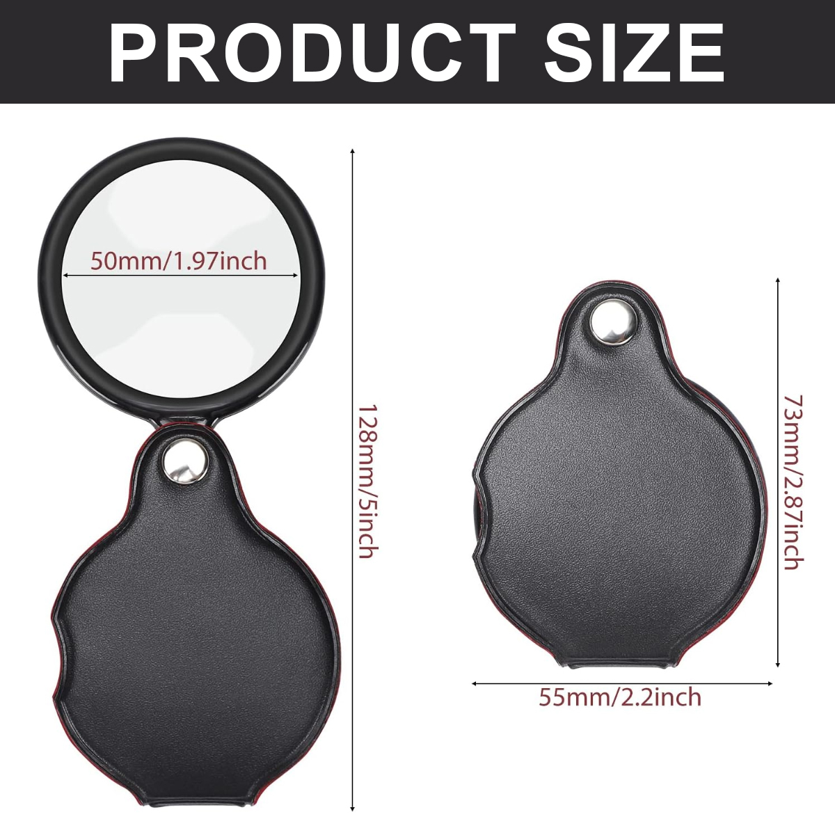 Produktgrößen-Grafik. Eine Lupe mit den Maßen: 50mm/1.97inch, 128mm/5inch, 73mm/2.87inch und 55mm/2.2inch.