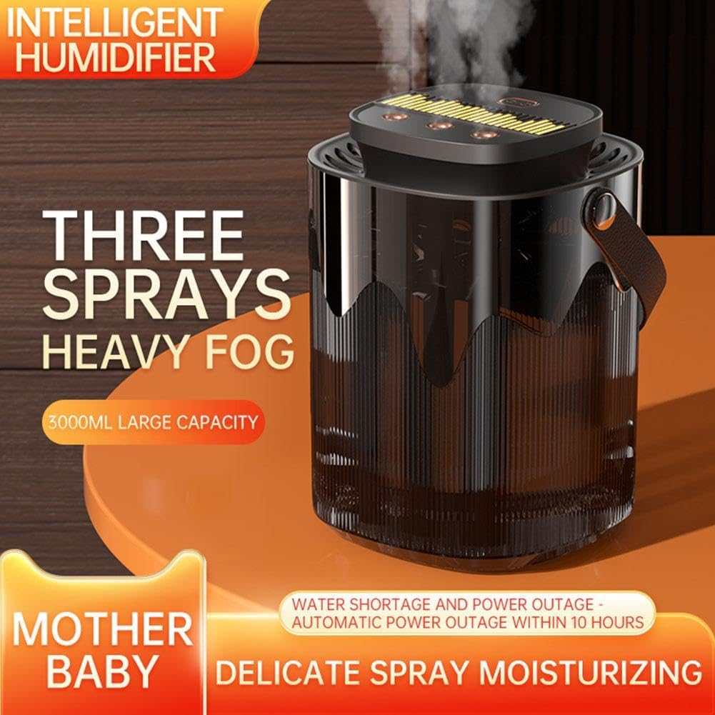 Ein schwarzer und transparenter Luftbefeuchter mit Dampf, Text lautet: intelligent, drei Sprays, starker Nebel, Mutter Baby und 3000ml.