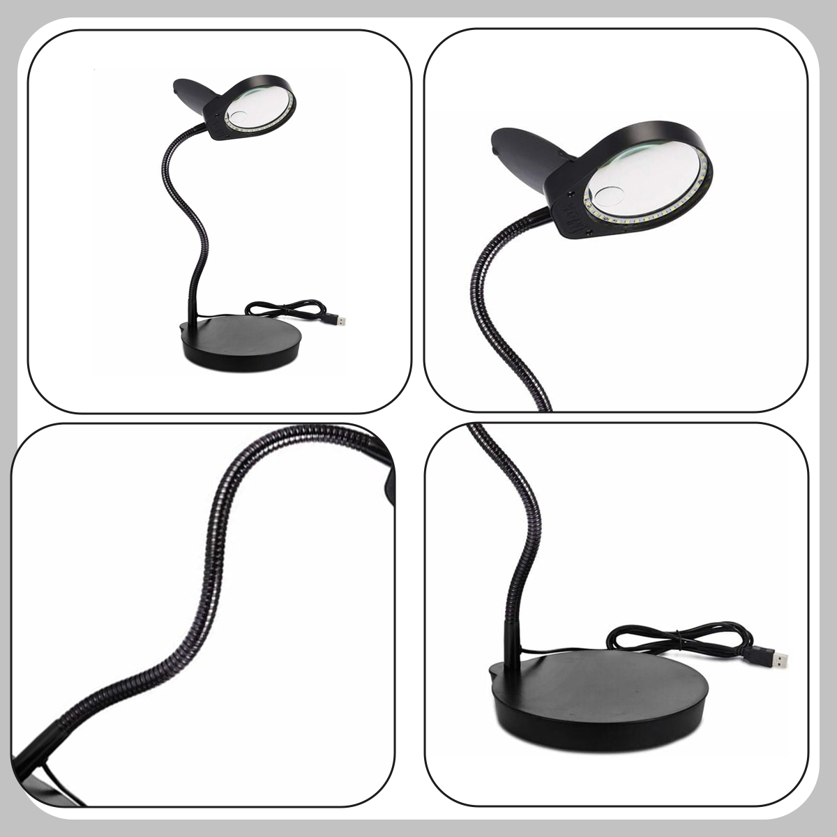 Eine schwarze Lupen-Schreibtischlampe mit flexiblem Hals und USB-Kabel auf weißem Hintergrund. Vier verschiedene Ansichten werden gezeigt.