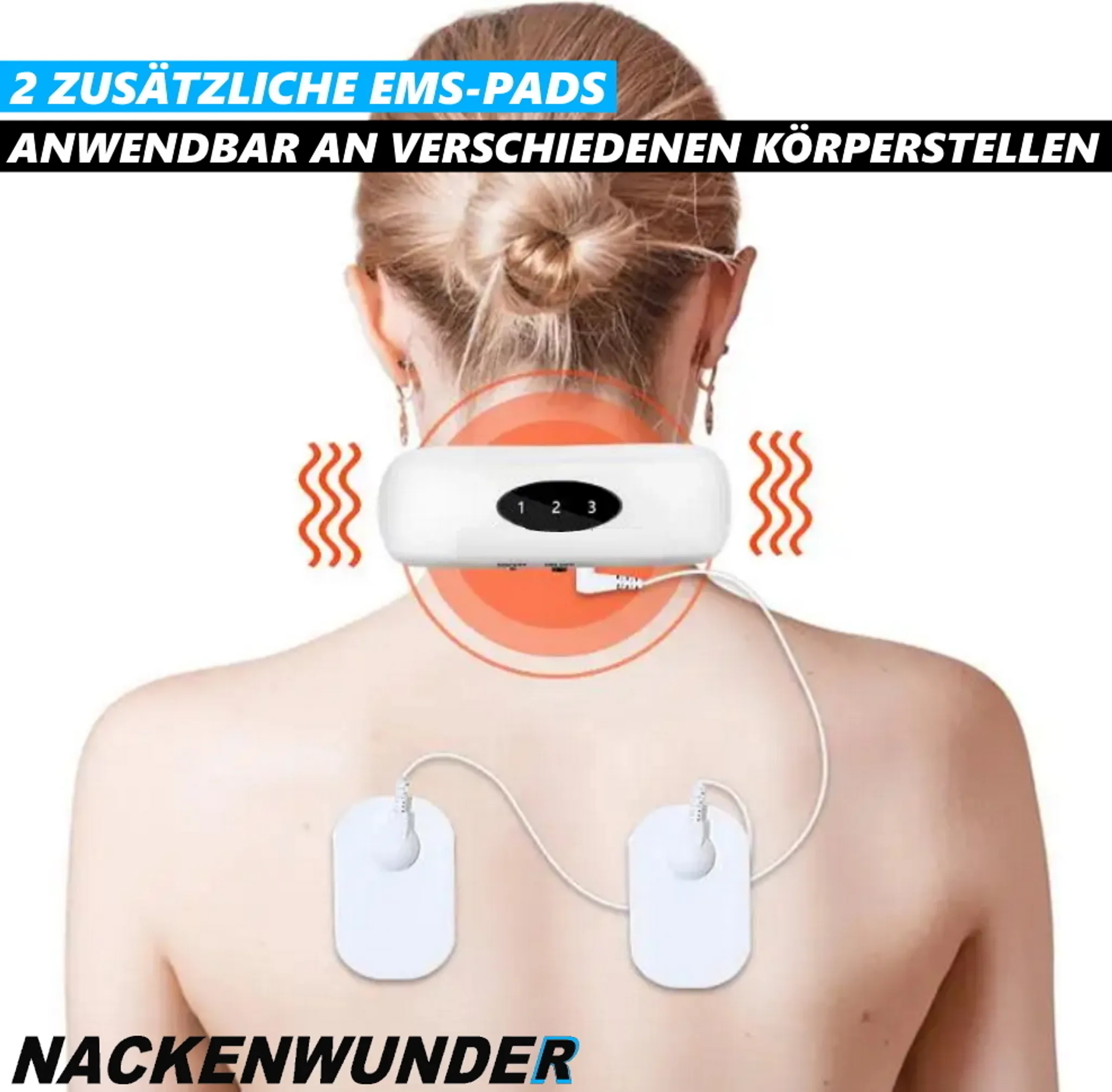 Rücken einer Person mit einem EMS-Gerät am Hals. Zwei Pads sind angebracht. Text: 'NACKENWUNDER'.