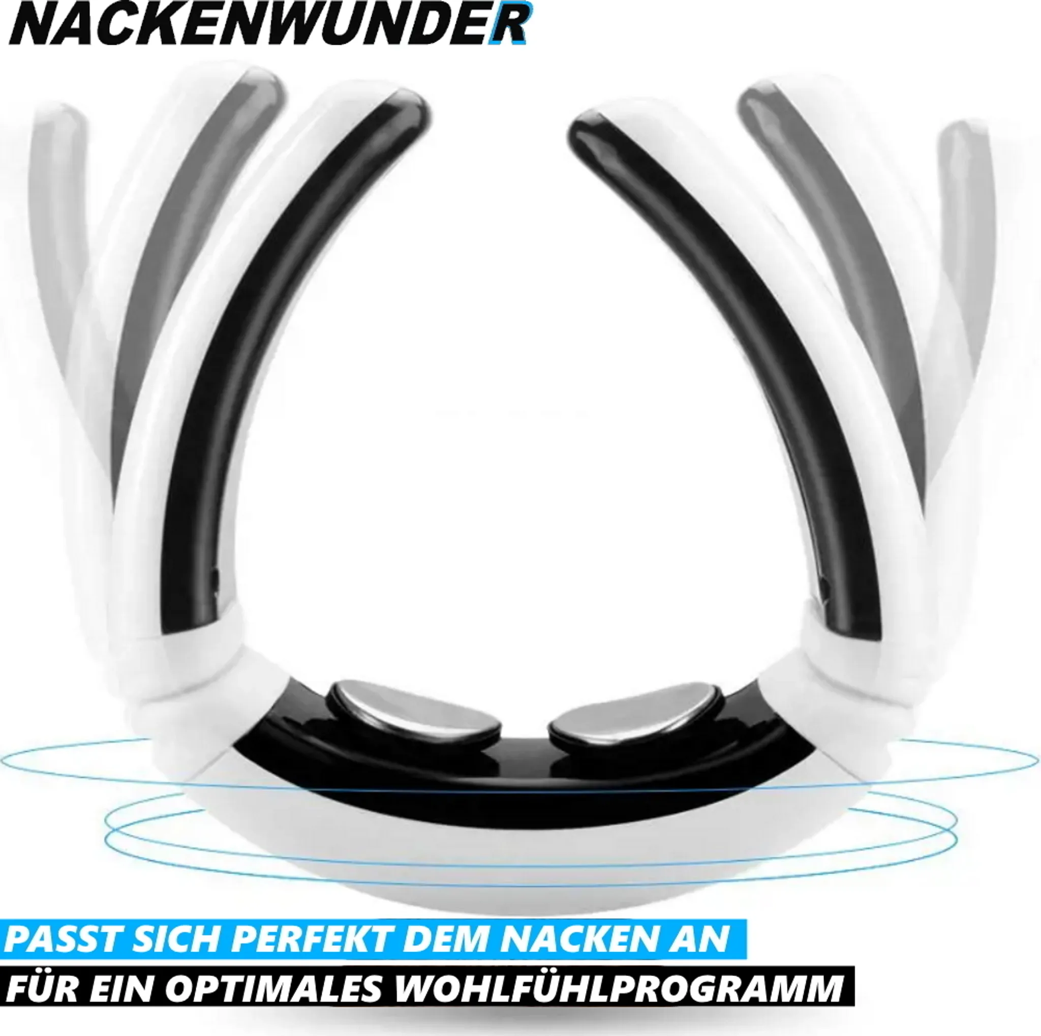 Ein Nackenmassagegerät. Weißes und schwarzes Gerät mit gebogenen Armen. Oben steht 'NACKENWUNDER'.