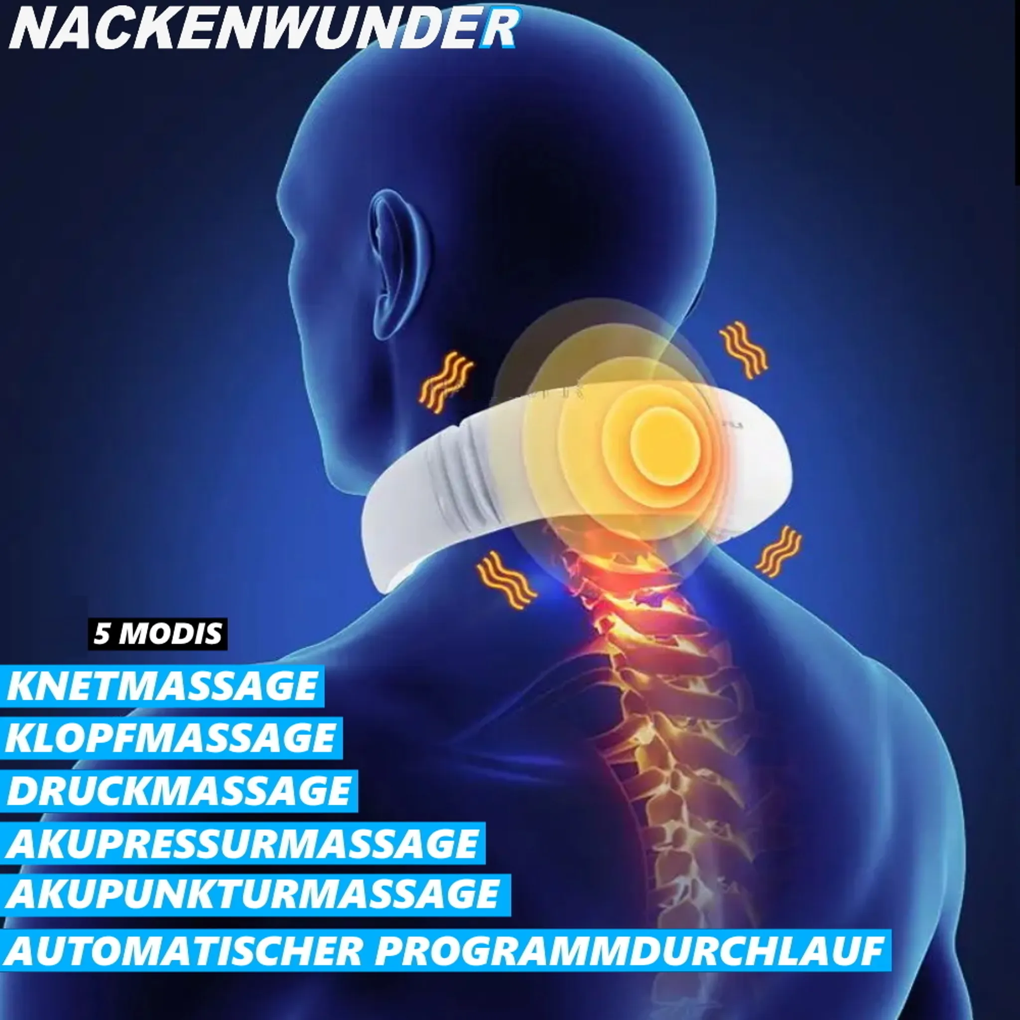 Anatomie eines Halses mit Massagegerät. Zeigt Wirbelsäule, Energiewellen und Massageoptionen. Blaues und gelbes Farbschema.