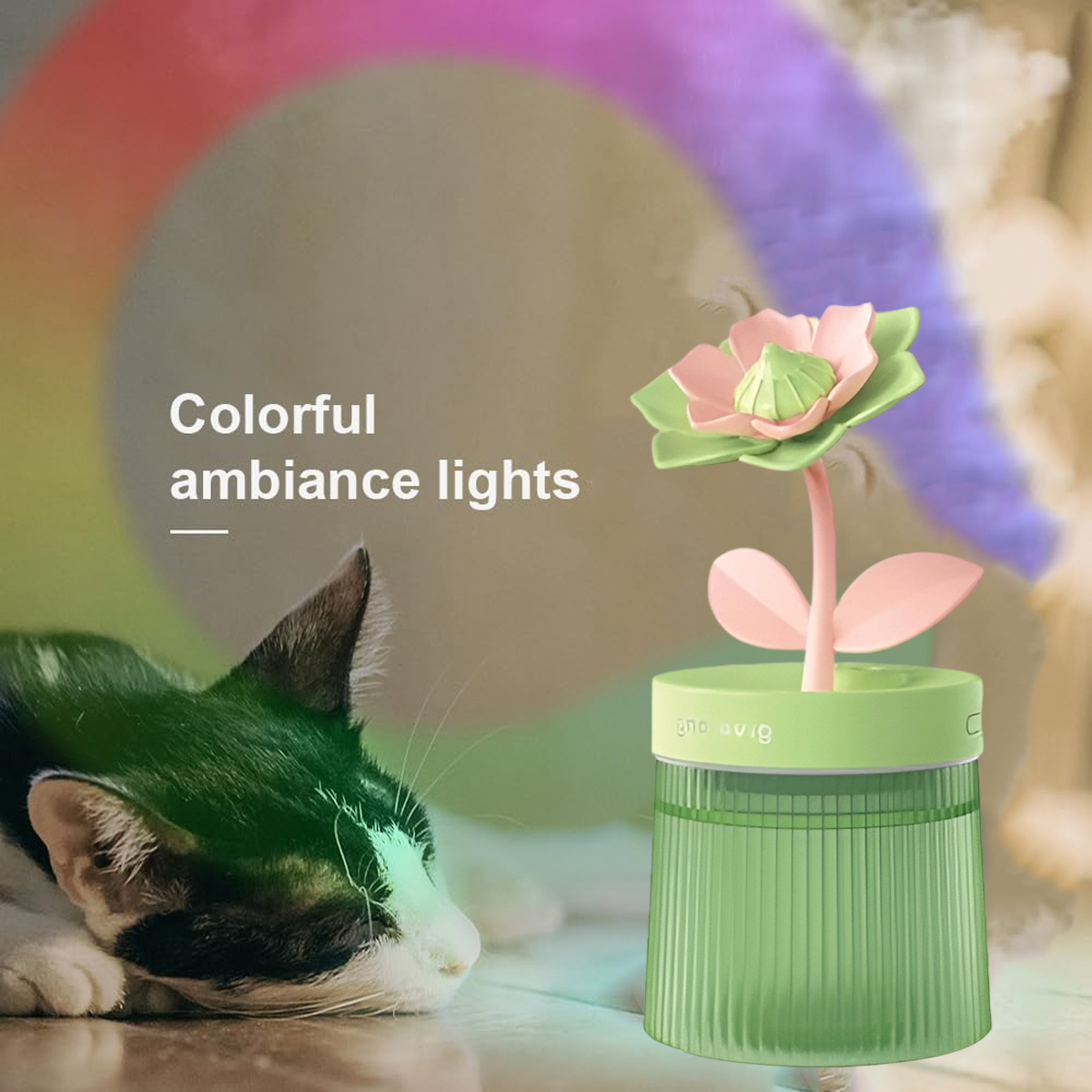 Eine Katze neben einer blütenförmigen Lampe mit bunten Lichtern. Die Lampe ist grün und rosa. Die Katze ist schwarz und weiß.