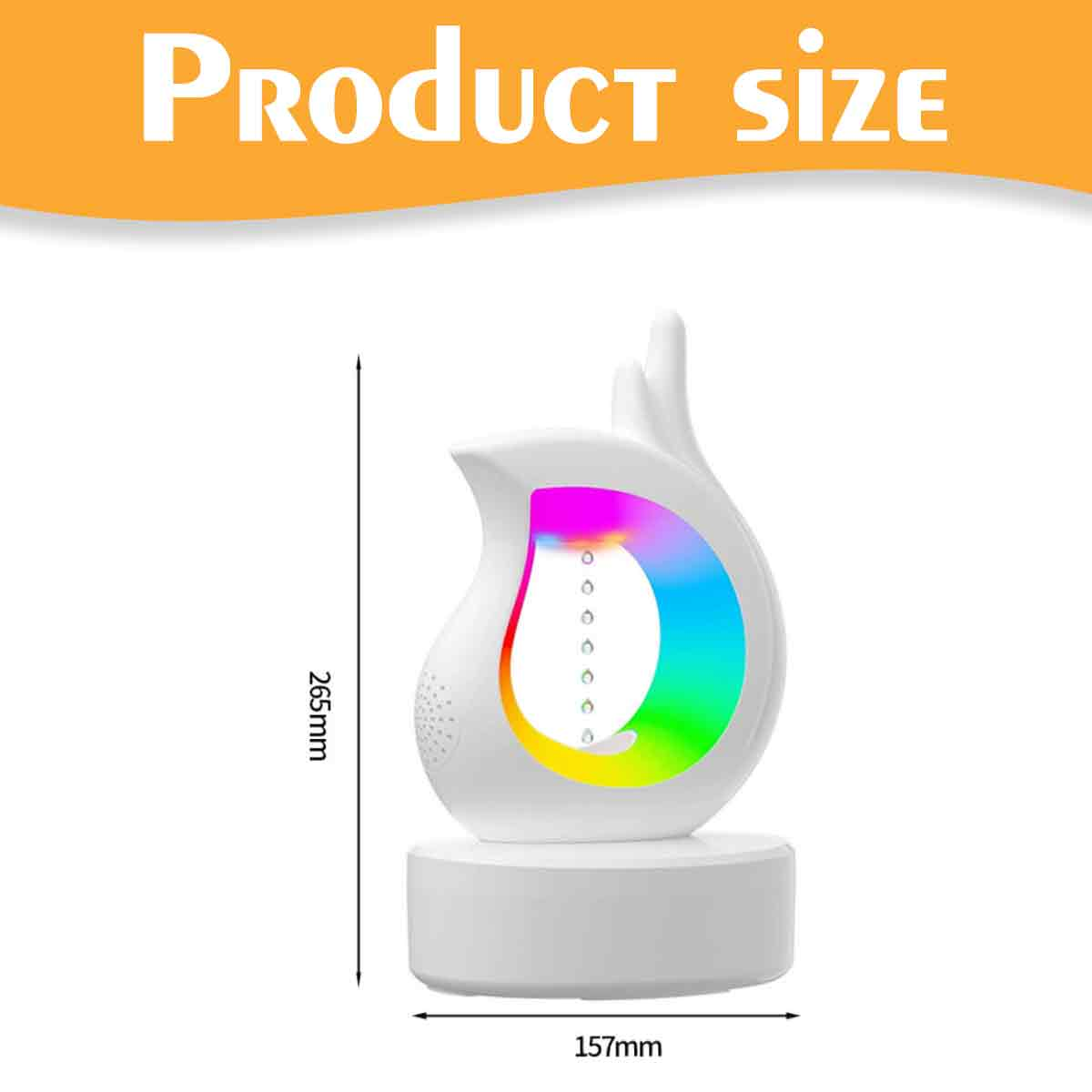 Weiße Lampe mit farbenfroher Lichtanzeige auf weißem Sockel. Text oben: Produktgröße mit den Maßen 265mm x 157mm.