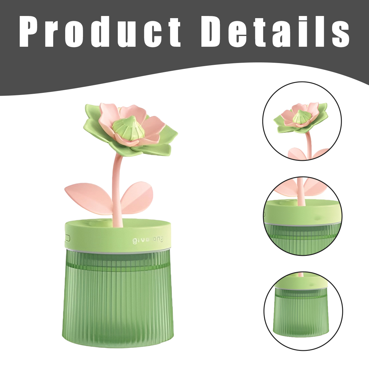Ein grünes und rosa blütenförmiges Produkt. Es befindet sich in einem grünen Behälter mit Produktdetails und Nahaufnahmen.