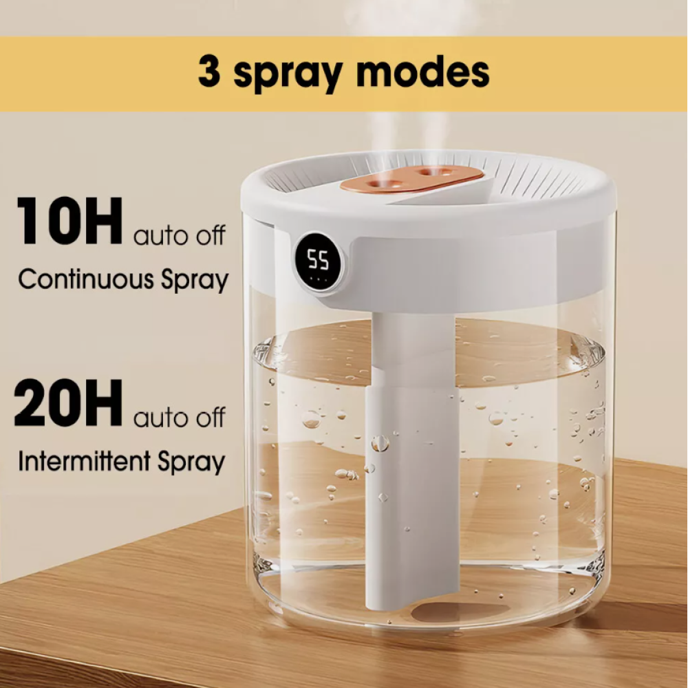 Ein weißer und durchsichtiger Luftbefeuchter mit Wasser im Inneren. Er hat 3 Sprühmodi und einen Timer. Der Hintergrund ist ein Holztisch.