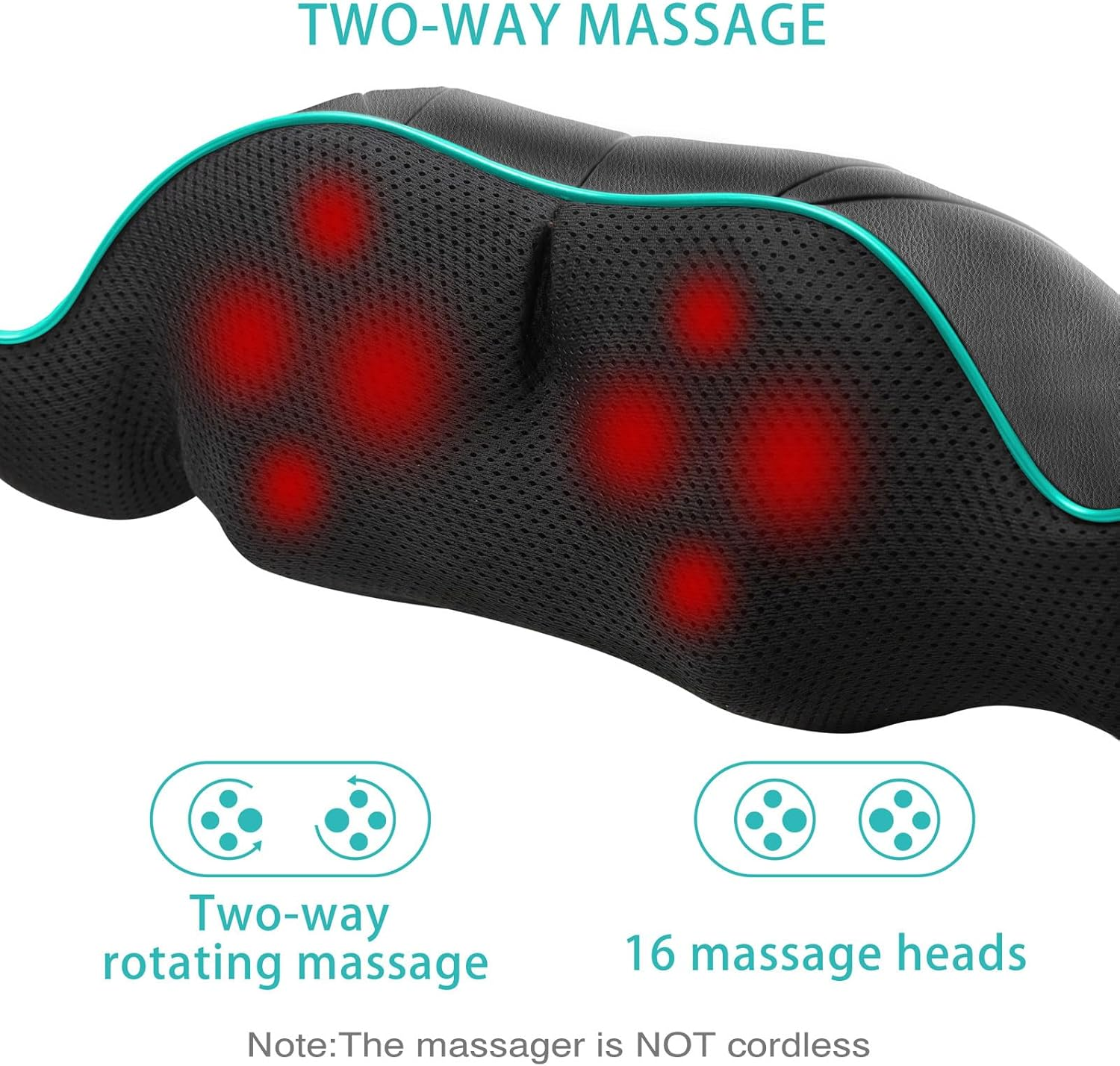 Schwarzes Massagegerät mit roten Wärmeknoten, grüner Zierleiste. Symbole zeigen Zwei-Wege-Rotationsmassage & 16 Massageköpfe. Text: nicht kabellos.