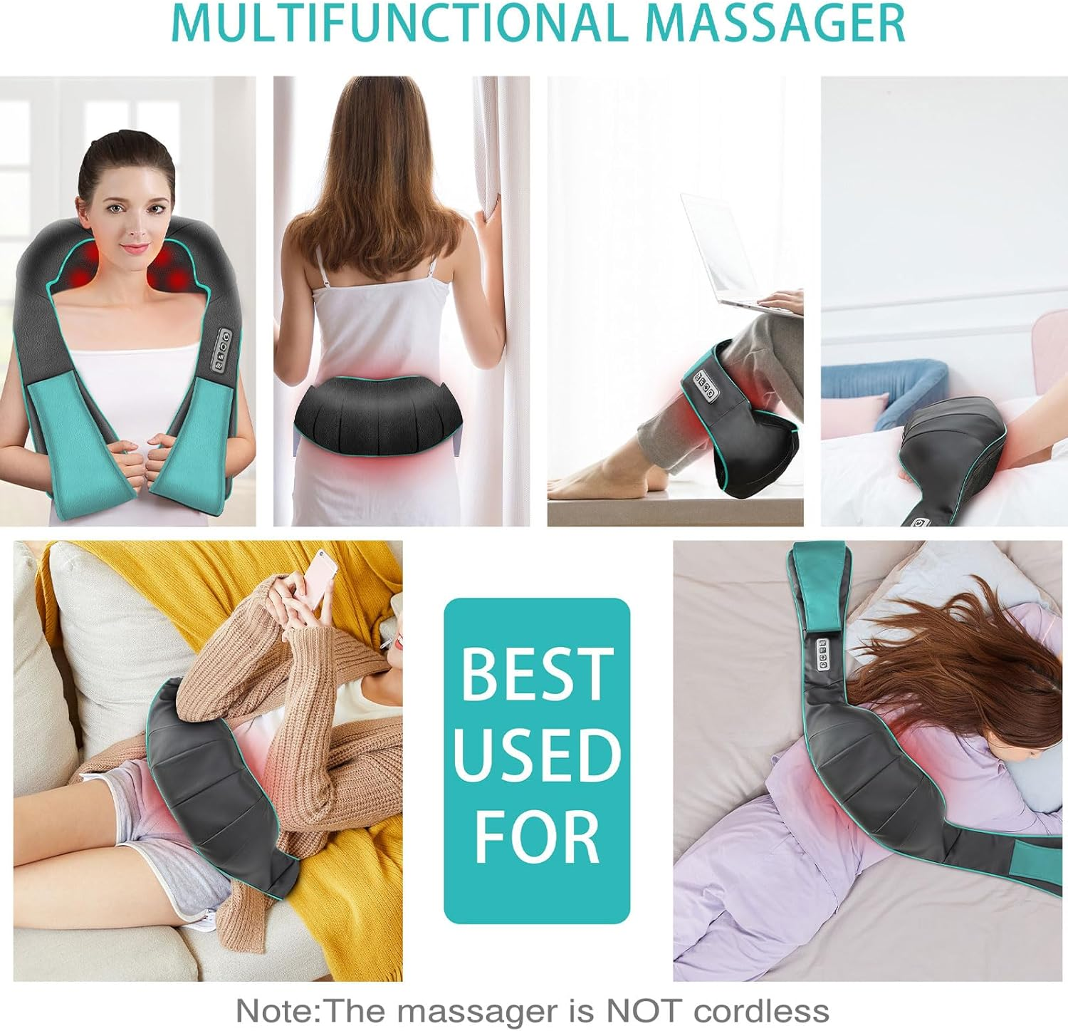 Collage zeigt ein Massagegerät, das an Nacken, Rücken, Beinen und Armen verwendet wird. Es hat teal und schwarze Farben. Text sagt 'Best Used For' und 'Multifunktions-Massagegerät'.