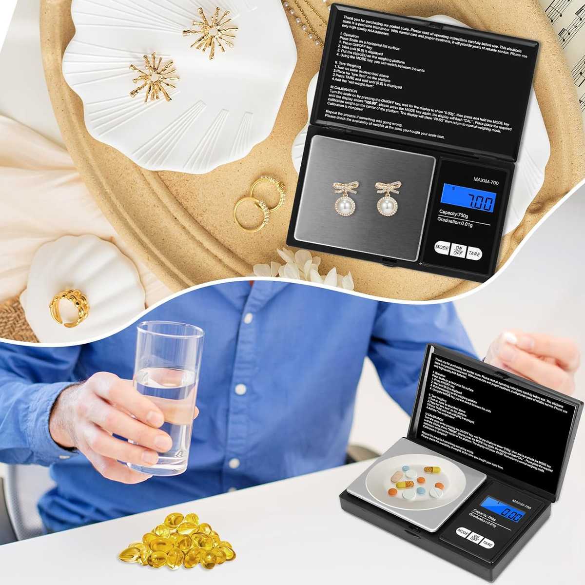 Das Bild zeigt Schmuck, Pillen und eine Waage mit digitaler Anzeige. Eine Person hält ein Glas Wasser.
