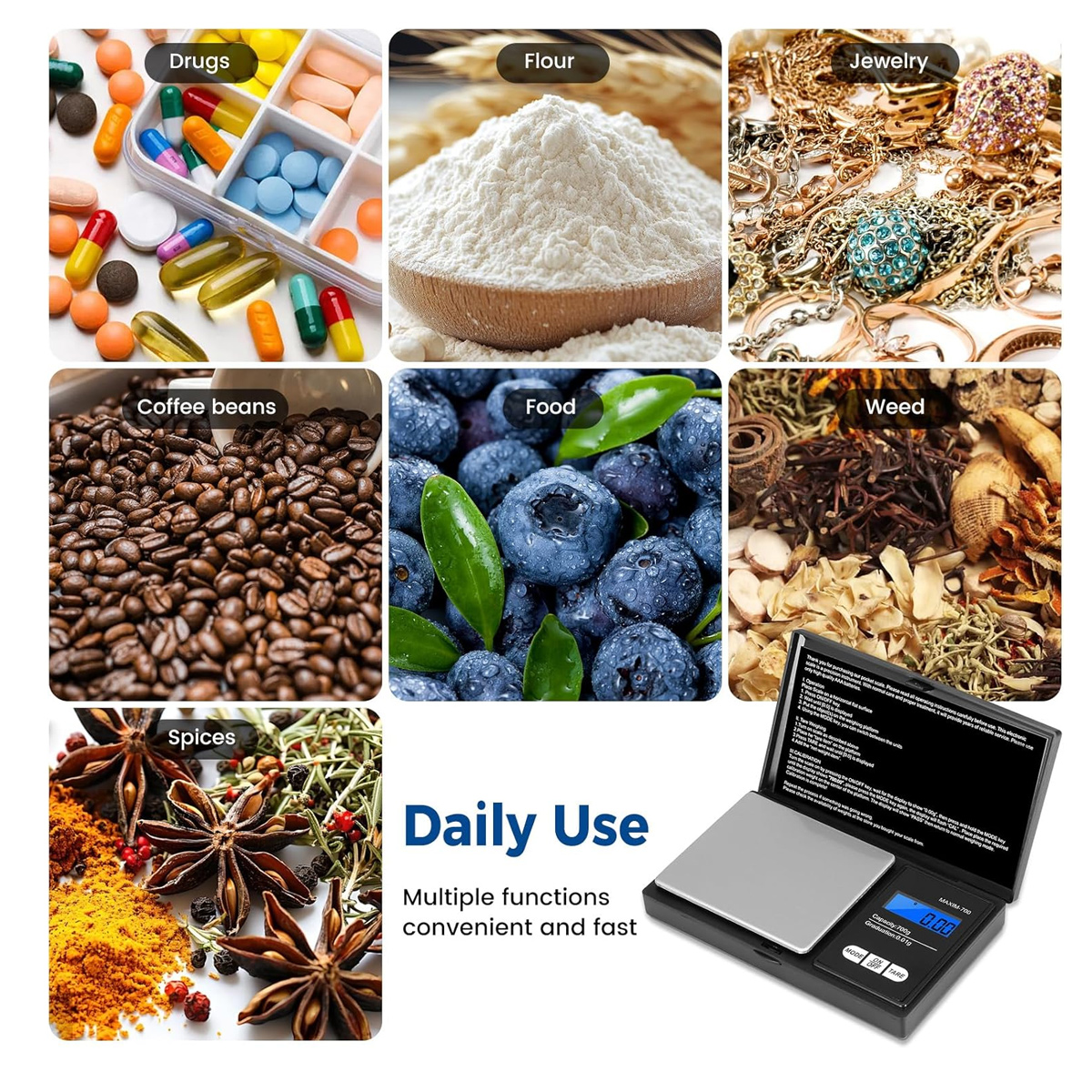 Das Bild zeigt Medikamente, Mehl, Schmuck, Kaffeebohnen, Blaubeeren, Unkraut, Gewürze und eine Waage. Die Worte Daily Use werden angezeigt.