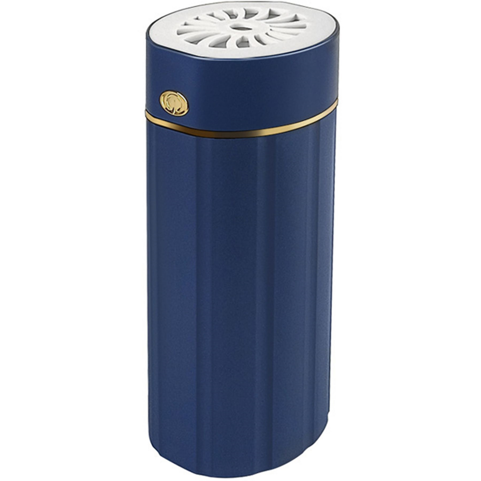 Blaues zylindrisches Gerät mit weißem Deckel und goldenen Akzenten. Hat einen Knopf und vertikale Linien.