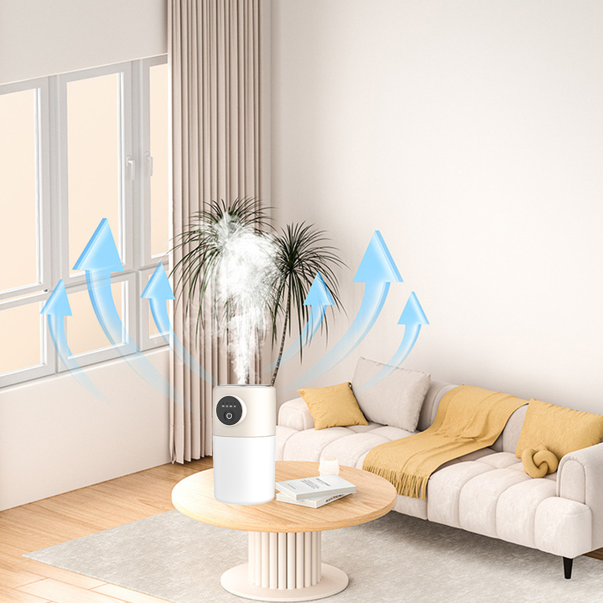 Ein Luftbefeuchter in einem Wohnzimmer. Blaue Pfeile zeigen die Dampfrichtung. Ein Sofa, ein Tisch und ein Fenster sind ebenfalls sichtbar.