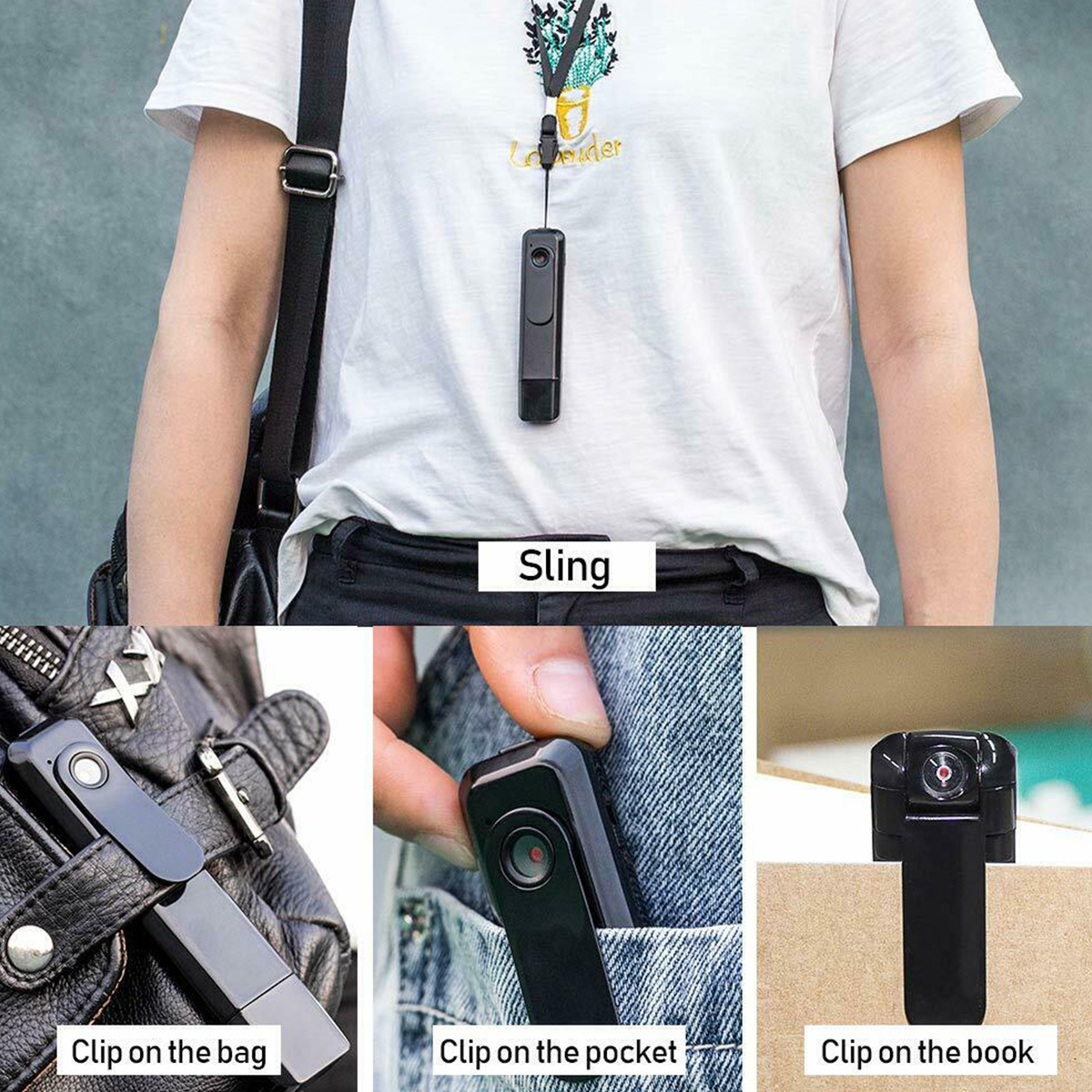 Eine Person trägt ein weißes T-Shirt mit einer schwarzen Sling-Kamera. Die Kamera wird auch am Beutel, in der Tasche und am Buch befestigt.