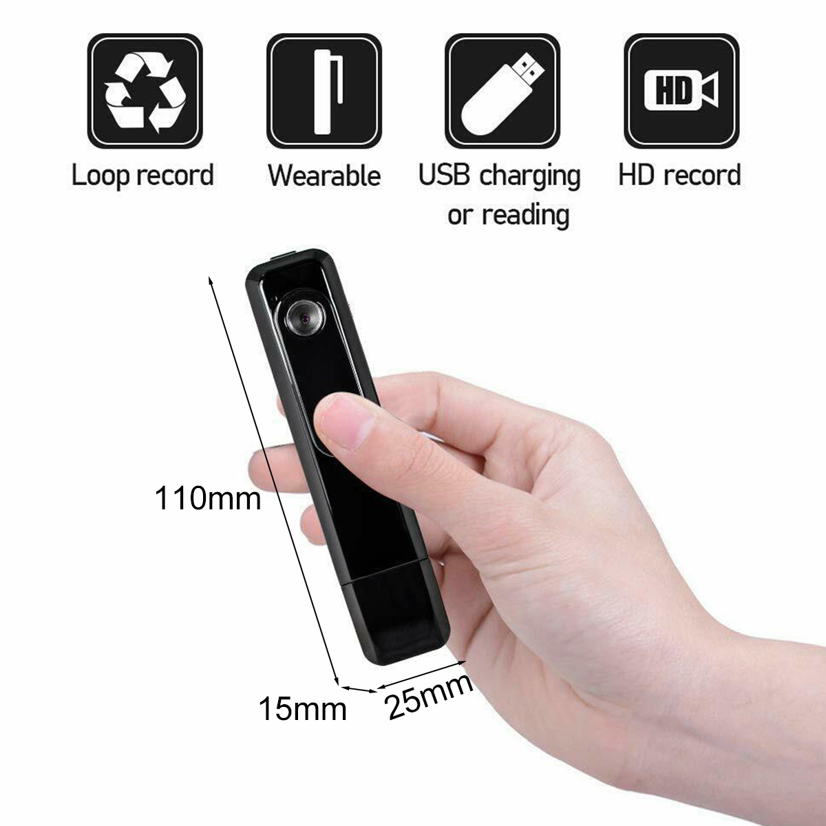 Eine Hand hält ein schwarzes rechteckiges Gerät. Symbole für Loop-Aufnahme, tragbar, USB-Aufladung und HD-Aufnahme sind oben.