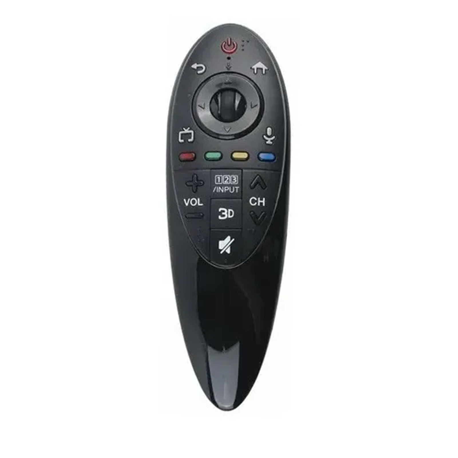 Schwarze LG TV-Fernbedienung. Hat Ein-/Aus-, Lautstärke-, Kanal-, Eingabe- und 3D-Tasten. Ein kreisförmiges Navigationsfeld.