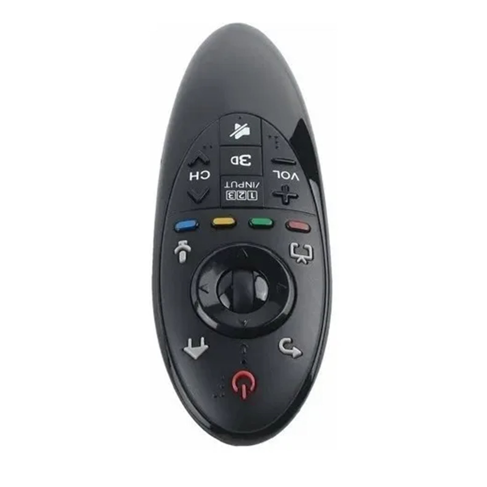 Eine schwarze LG TV-Fernbedienung mit verschiedenen Tasten, darunter Lautstärke, Kanal und Ein/Aus.