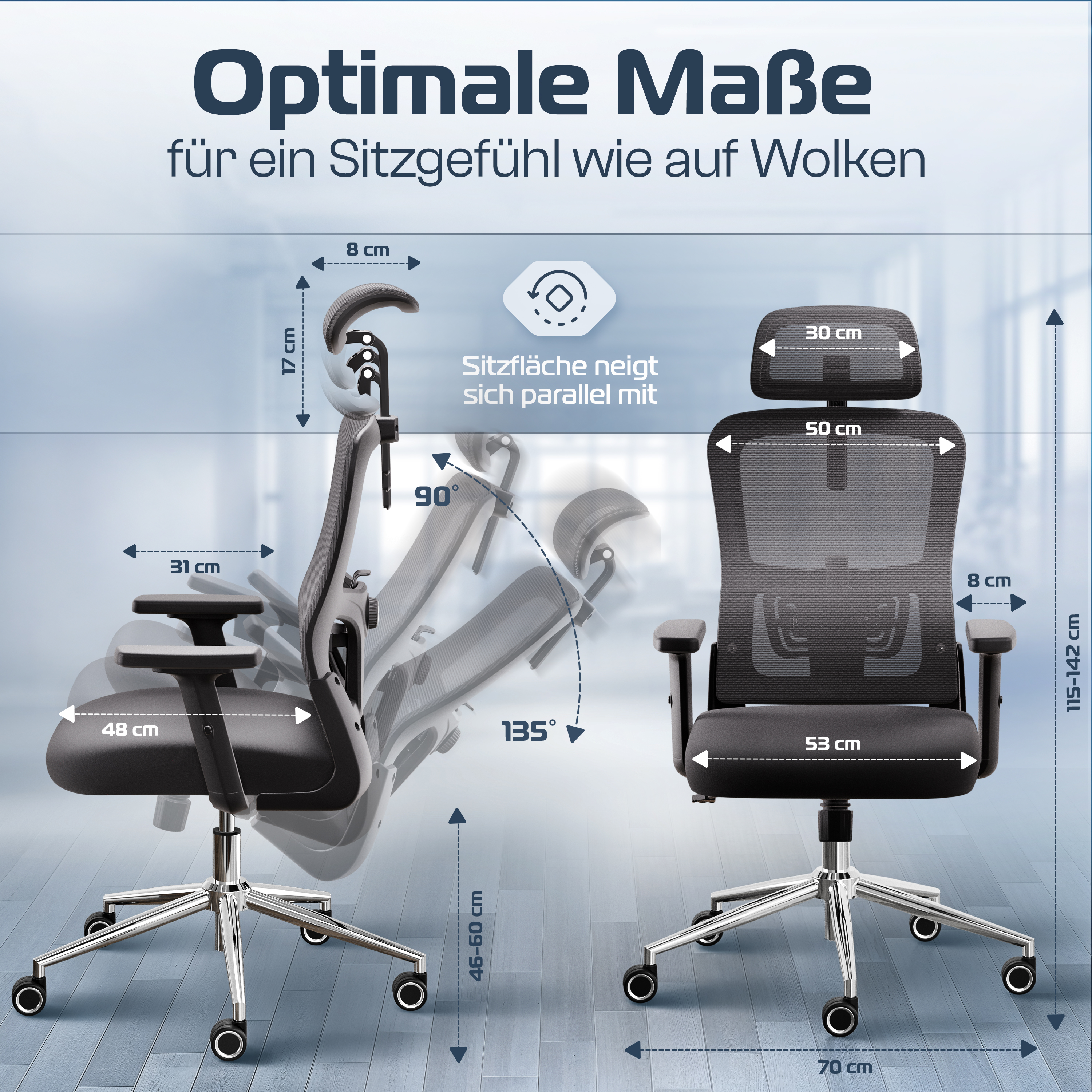Diagramm eines Bürostuhls mit Maßen. Es zeigt die verstellbaren Teile und Maße des Stuhls in cm.