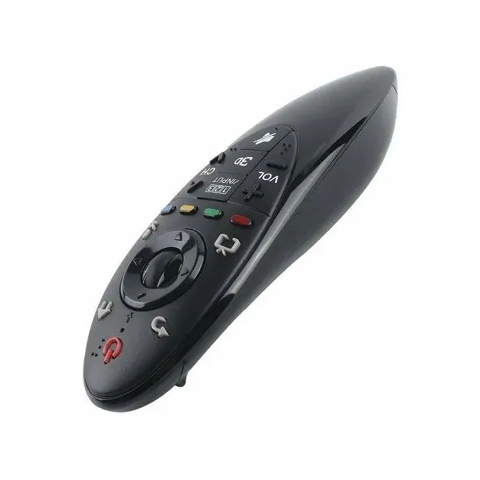 Eine schwarze LG-Fernbedienung mit mehreren Tasten und einem geschwungenen Design auf weißem Hintergrund.
