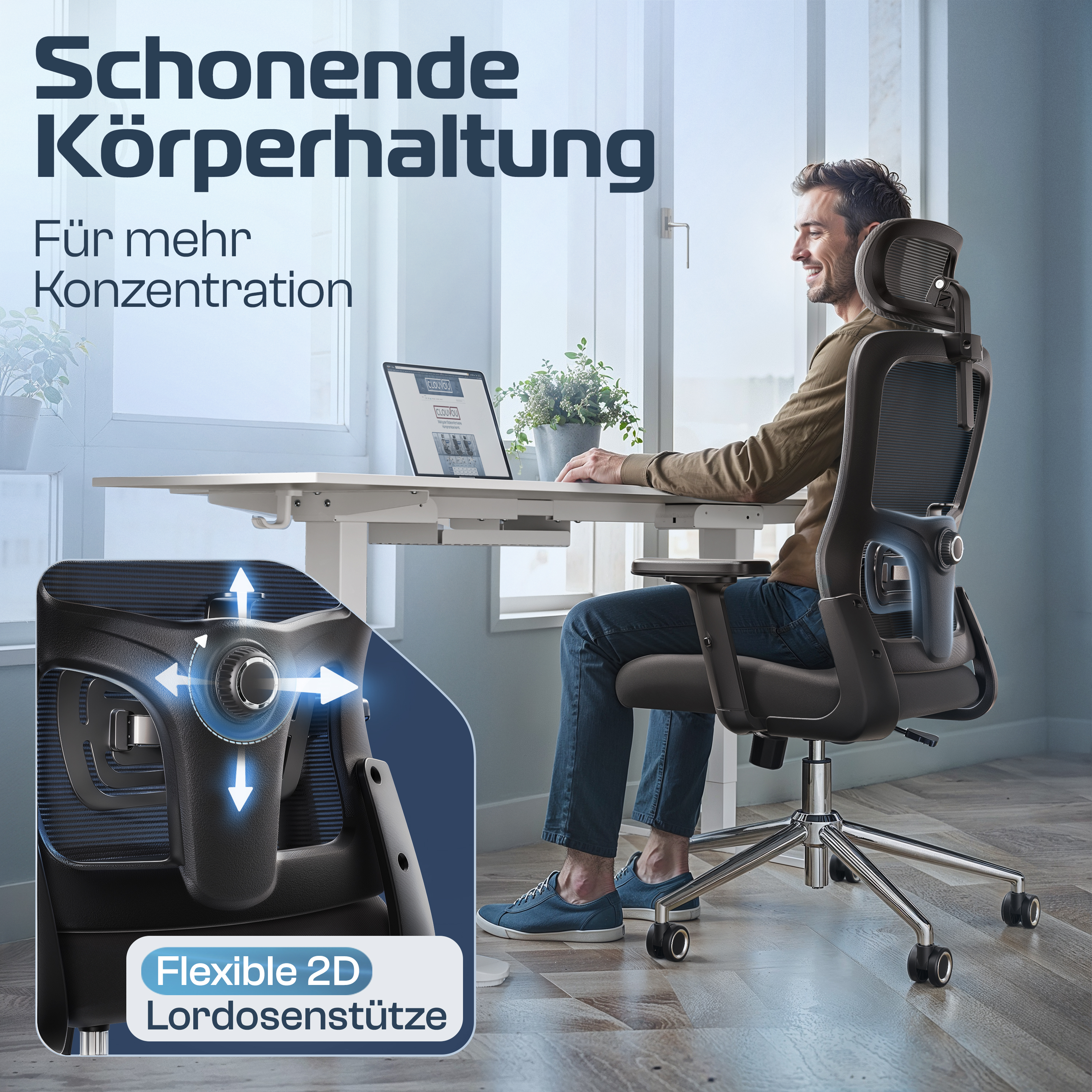 Mann sitzt in einem schwarzen ergonomischen Stuhl und arbeitet an einem Laptop an einem weißen Schreibtisch. Text auf Deutsch oben.