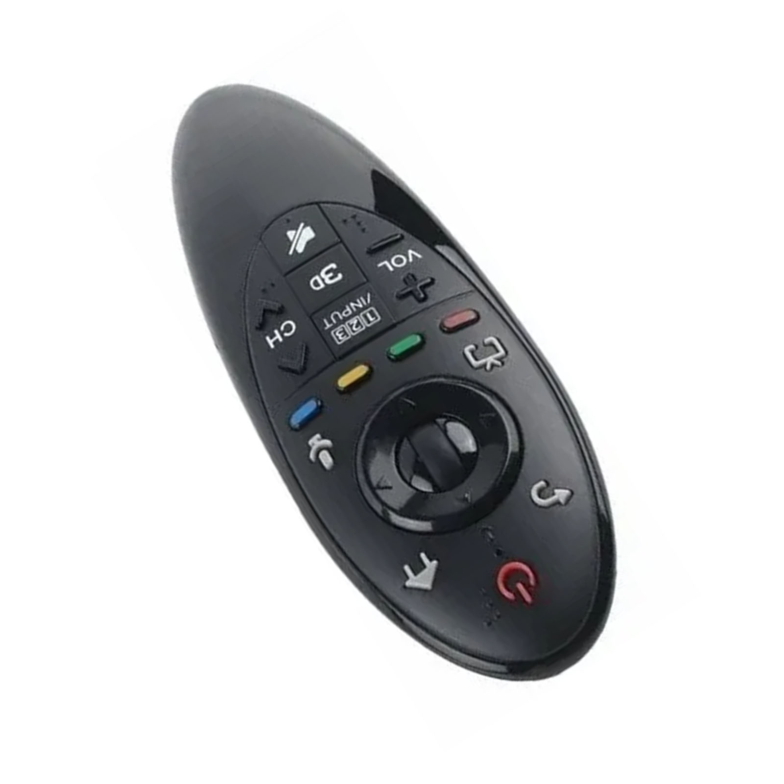 Schwarze LG-Fernbedienung auf weißem Hintergrund. Sie hat viele Tasten, darunter Ein/Aus, Lautstärke, Kanal und ein zentrales Rad.