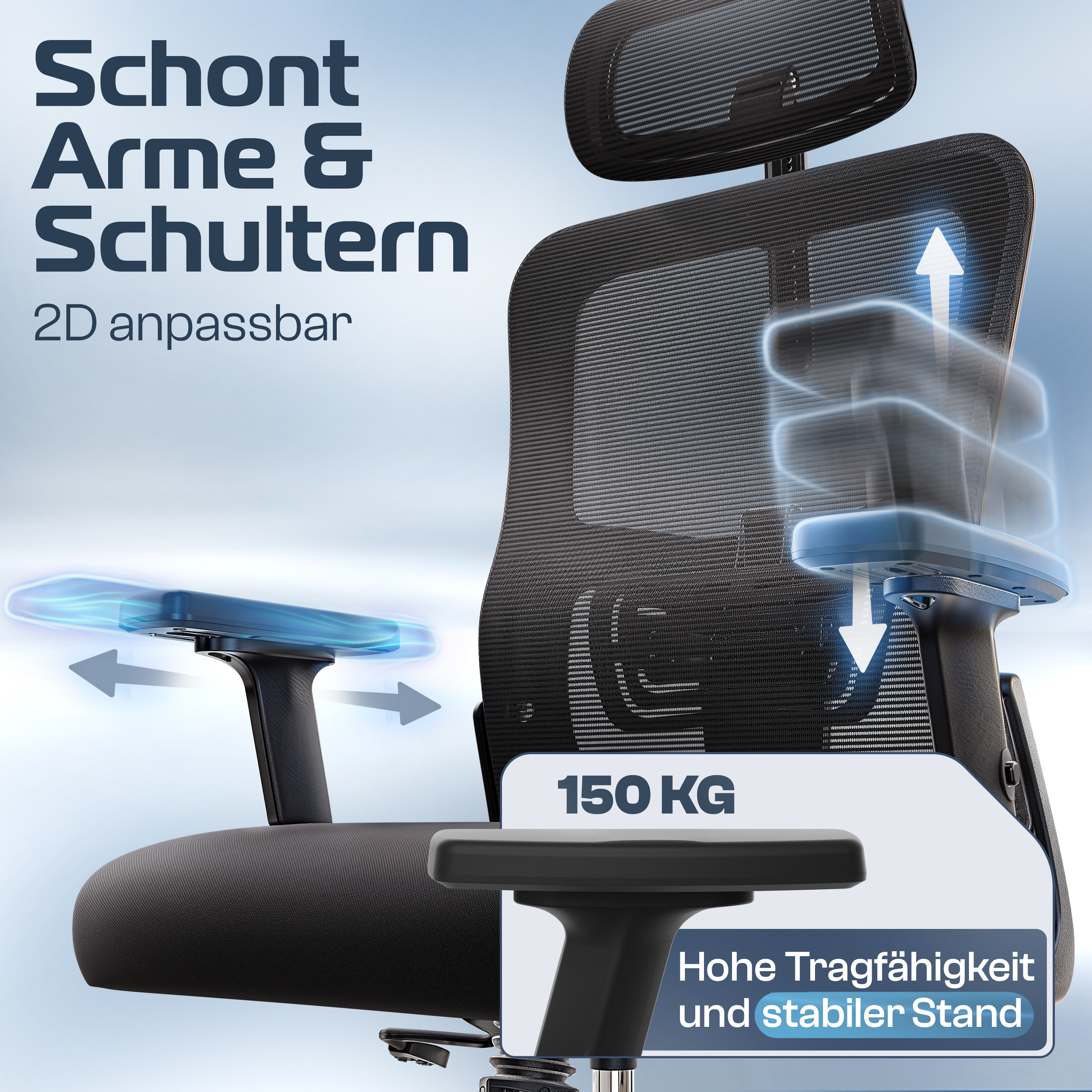 Ein schwarzer Bürostuhl mit verstellbaren Armlehnen, Kopfstütze und Rückenlehne. Er hebt Merkmale wie Stabilität und 150 kg hervor.