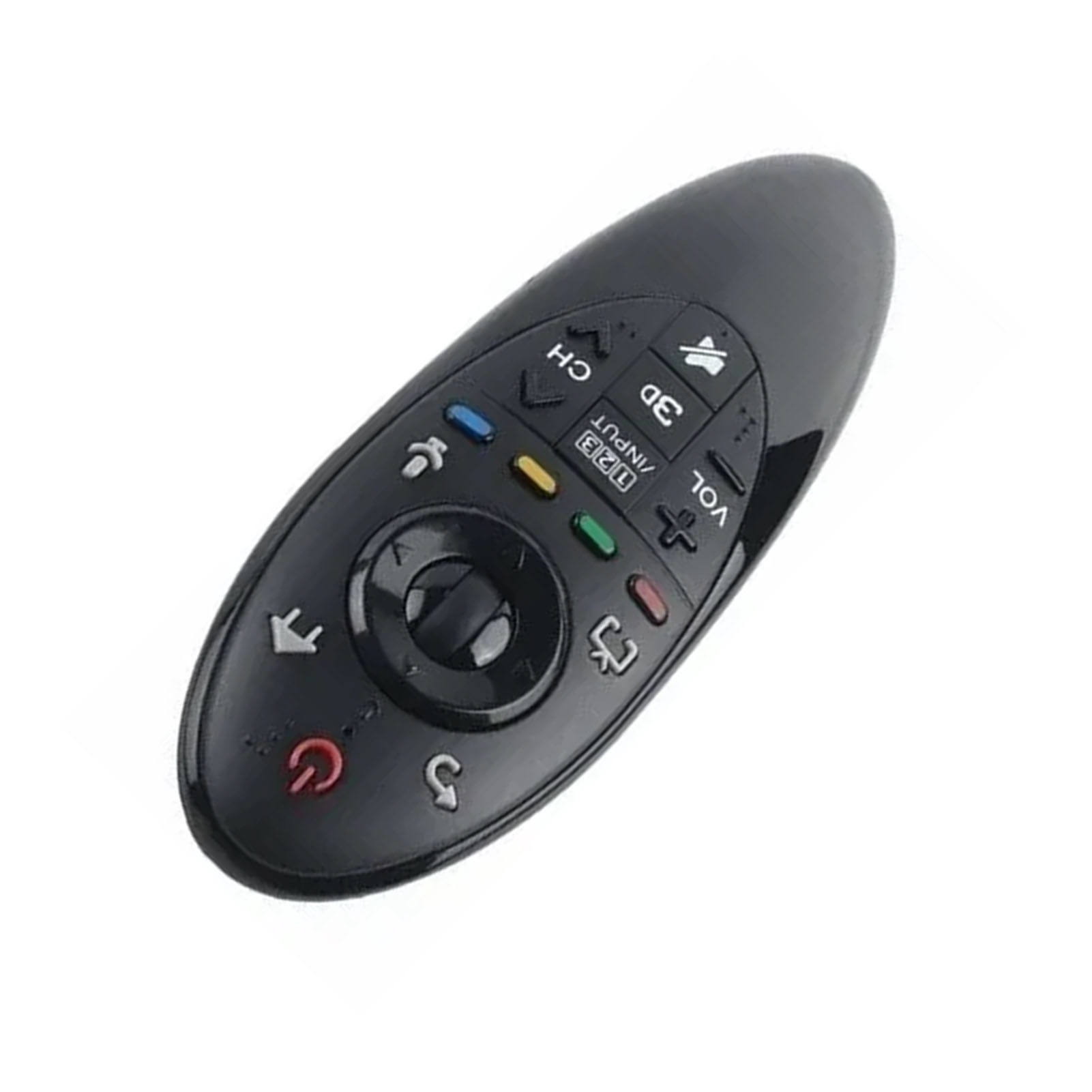 Eine schwarze LG-Fernbedienung auf weißem Hintergrund. Sie hat Tasten für Kanal, Lautstärke, 3D und Eingang.