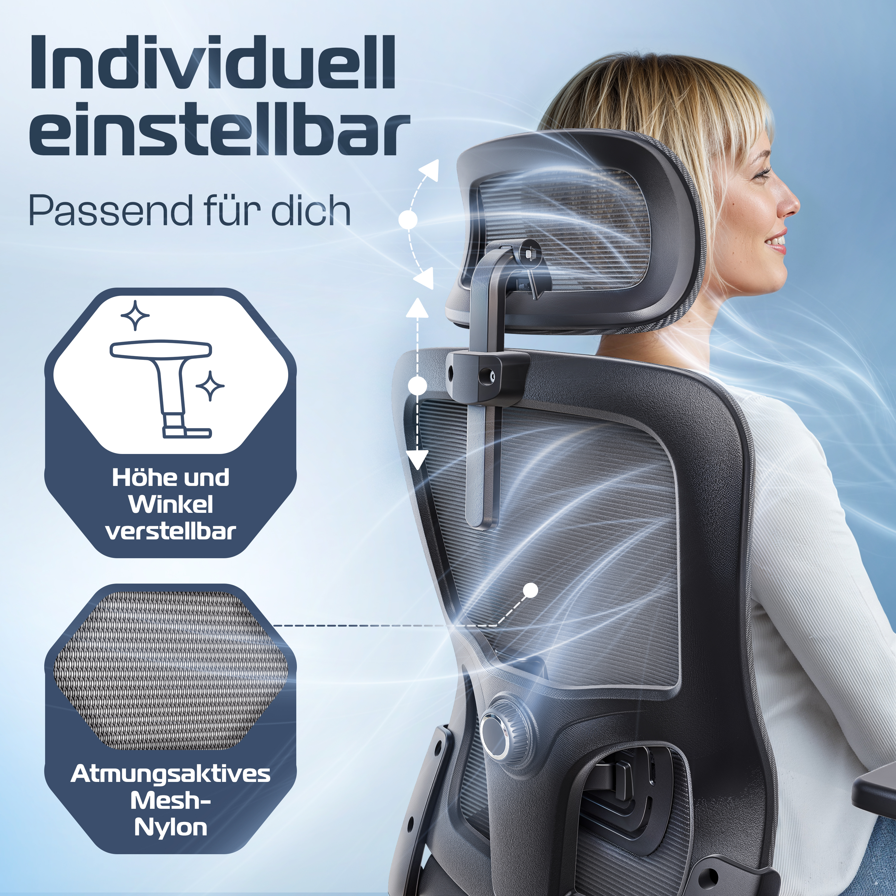 Eine Frau sitzt in einem Bürostuhl. Der Stuhl hat verstellbare Funktionen und atmungsaktives Mesh. Text: Individuell einstellbar.
