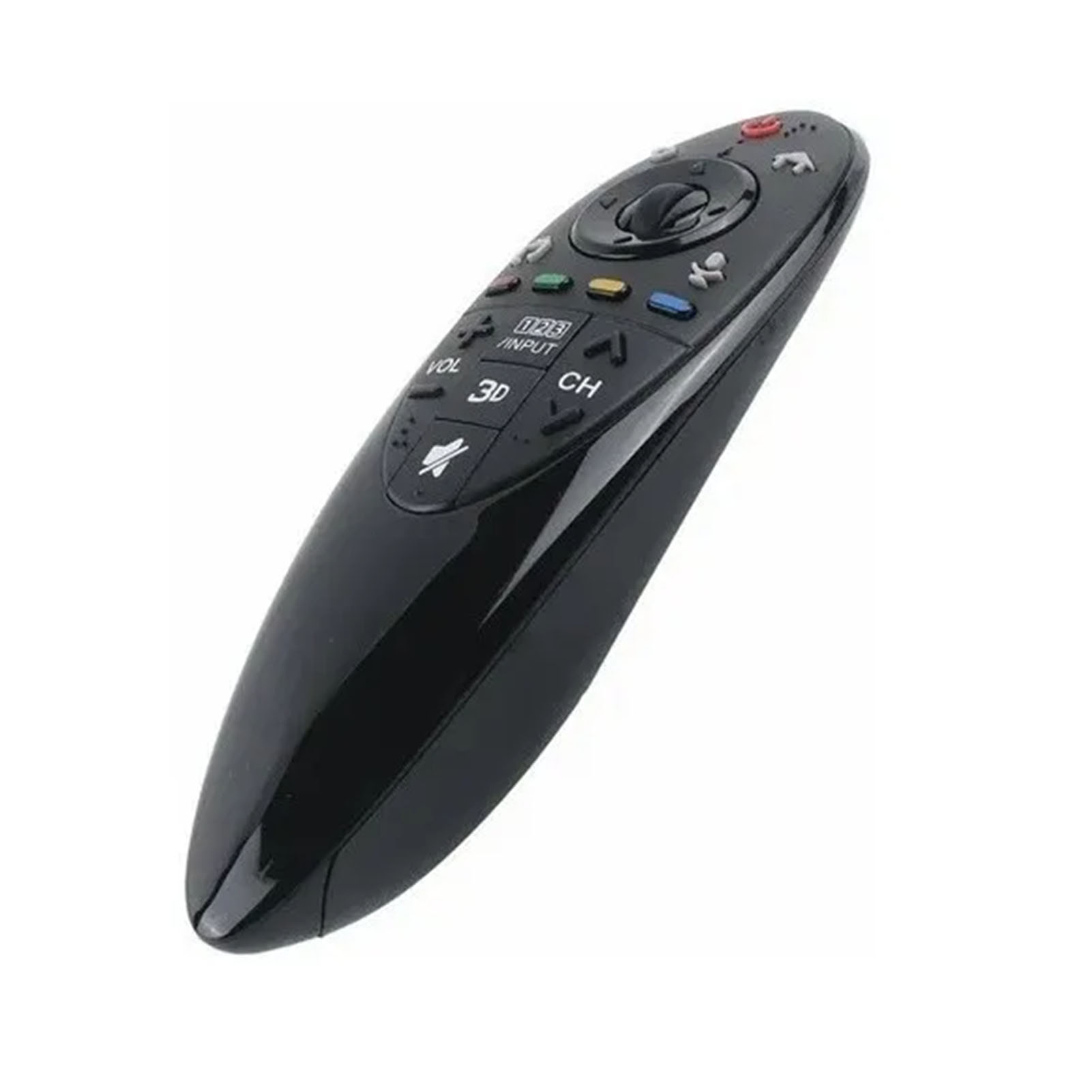 Schwarze LG-Fernbedienung mit mehreren Tasten. Enthält Lautstärke-, Kanal- und 3D-Tasten. Isoliert auf weißem Hintergrund.