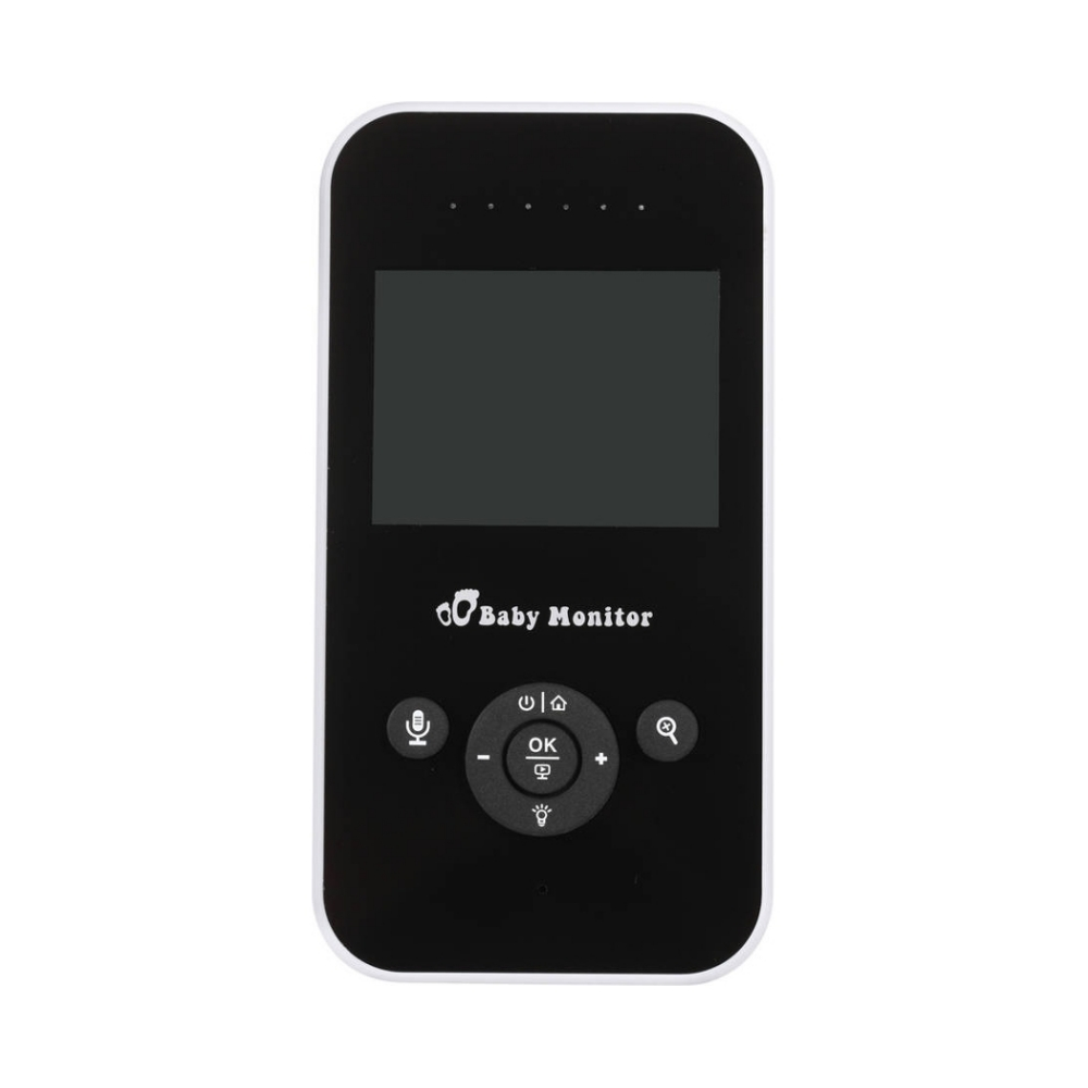 Schwarzer Babyphone mit Bildschirm und Bedienelementen. Es hat einen weißen Rahmen und der Text 'Baby Monitor' ist sichtbar.