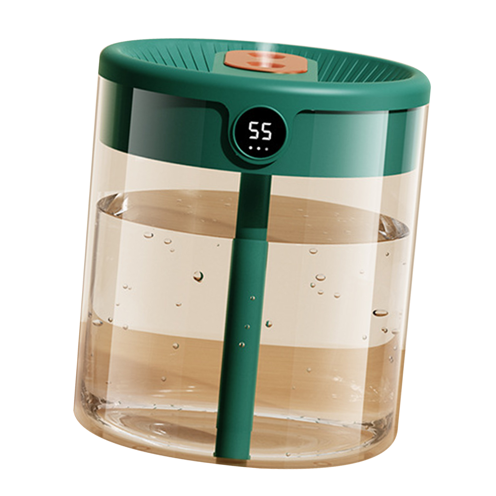 Ein zylindrischer Luftbefeuchter mit grünem Deckel, Digitalanzeige 55 und klarem Wassertank mit Wasser und Blasen.